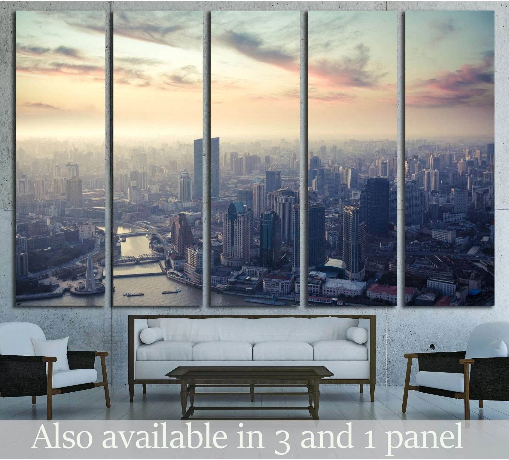 Aerial Shanghai skyline canvas print at dusk in a five-panel layout above a sofa in a modern living room