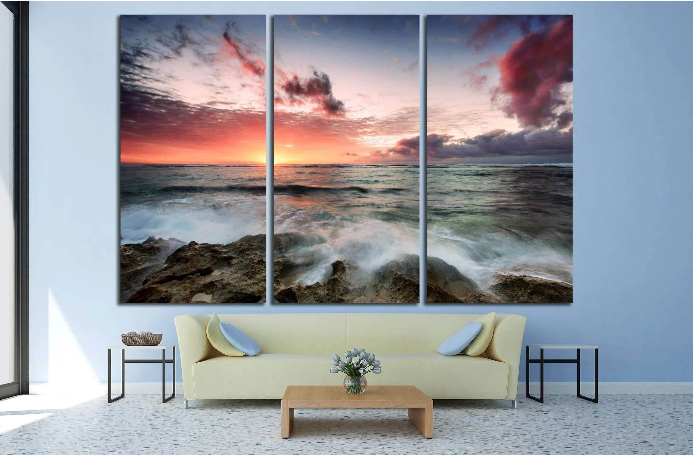 A cloudy sunset as waves crash over rocks №2823 Ready to Hang Canvas Print - Zellart Canvas Prints ALL_Products, s-2823
