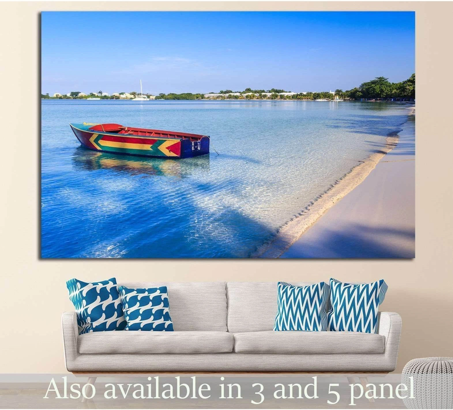 A colorful Jamaican boat floating along the shores of Bloody Bay, Negril showing sea water, shoreline and horizon depth.