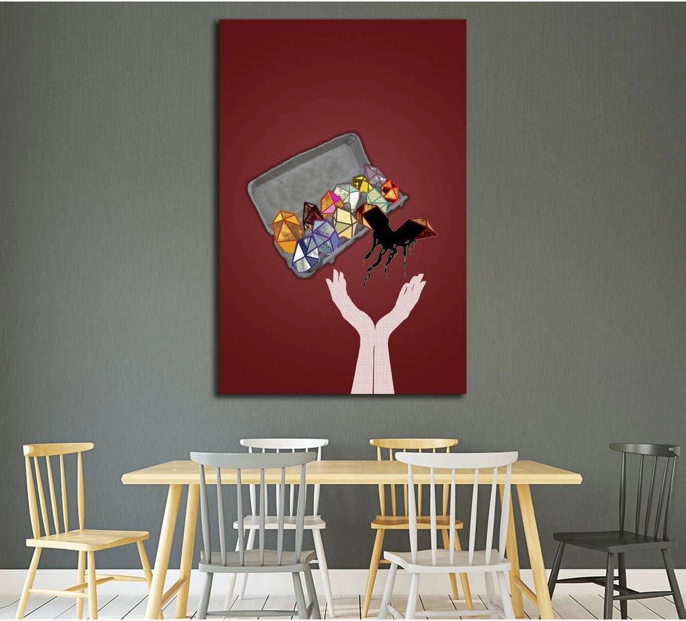 Surreal gem and black horse canvas print on burgundy wall above a dining table in a modern room