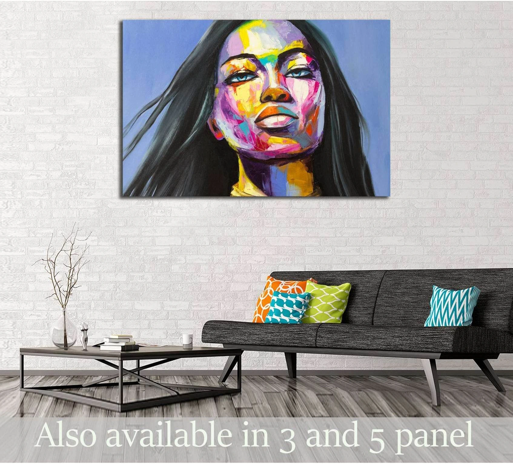 Colorful woman portrait canvas print with bold abstract brushstrokes above a sofa