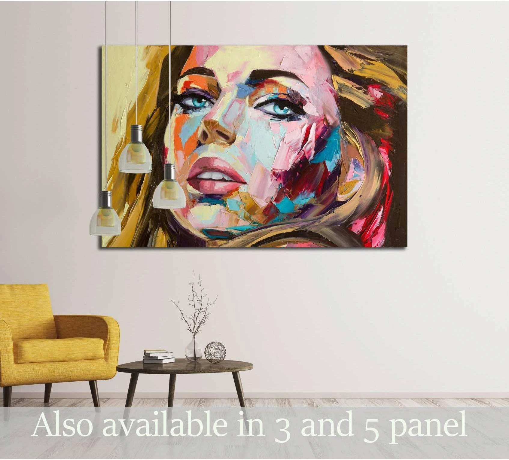 Colorful woman portrait canvas print with pink, teal, and gold brushstrokes above a chair