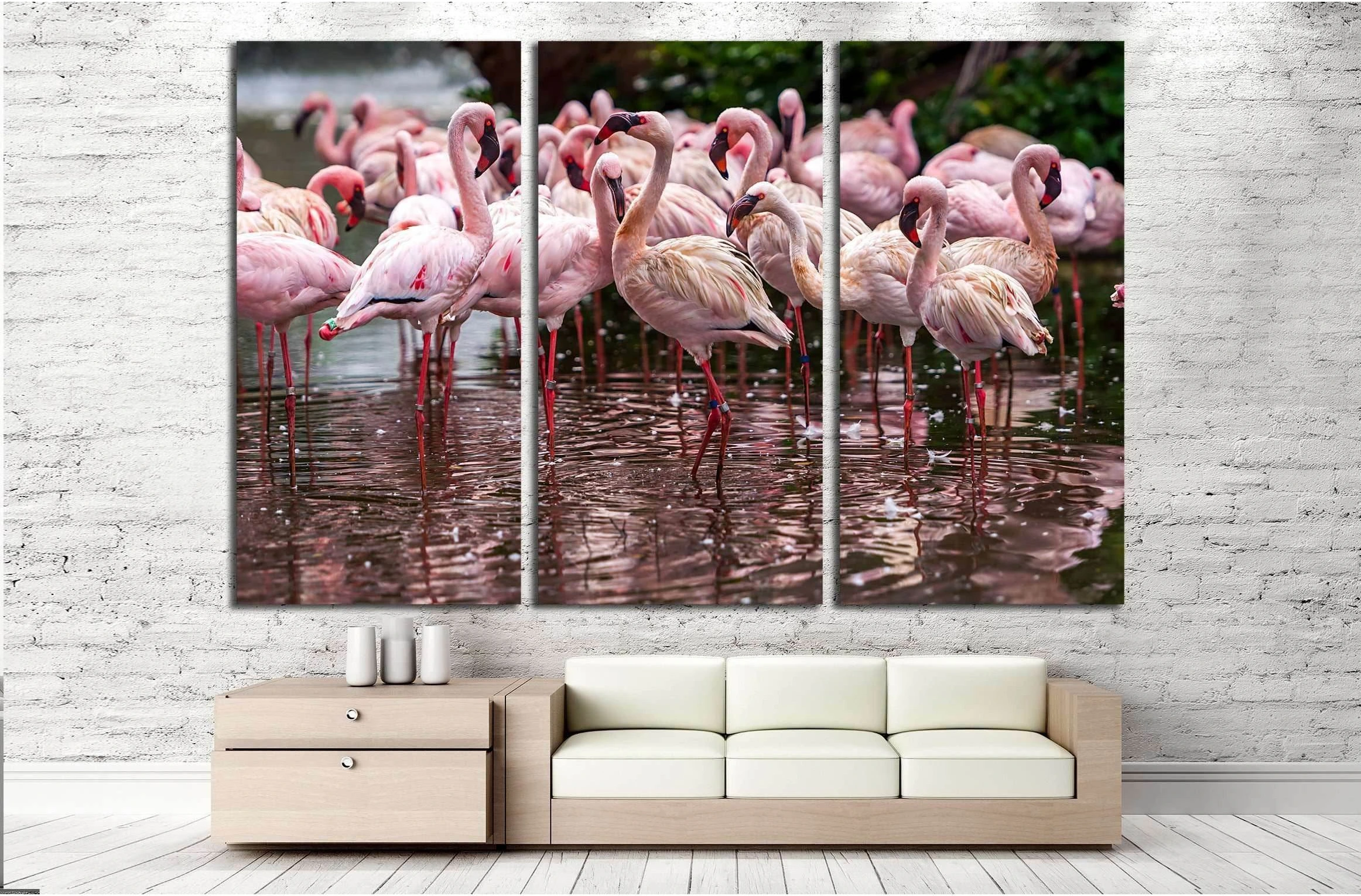 A flock of pink flamingos and reflection in the water №2795 Ready to Hang Canvas Print - Zellart Canvas Prints ALL_Products, s-2795