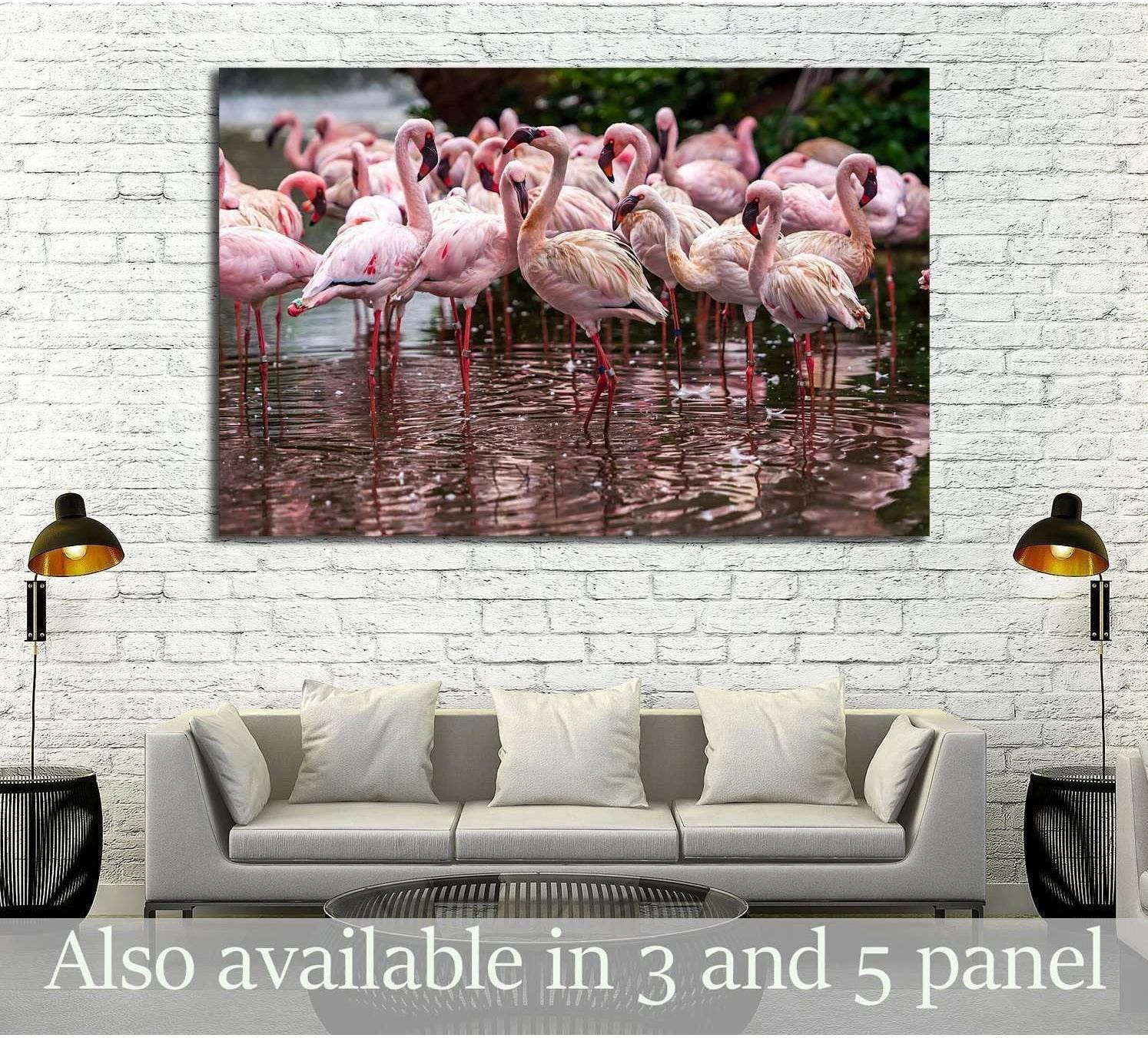A flock of pink flamingos and reflection in the water showing blue ocean wall art with water and coastal depth.