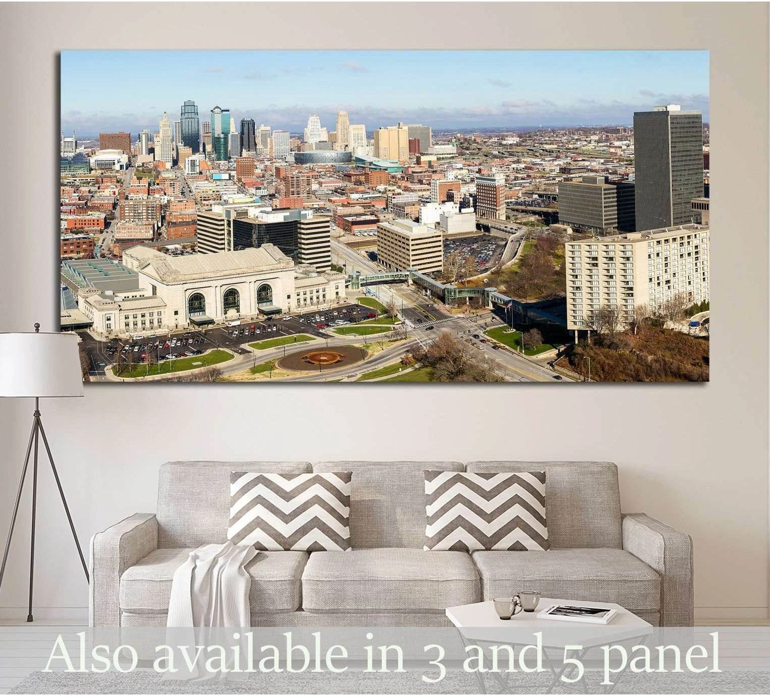 Kansas City skyline panoramic canvas print above sofa in a modern living room mockup