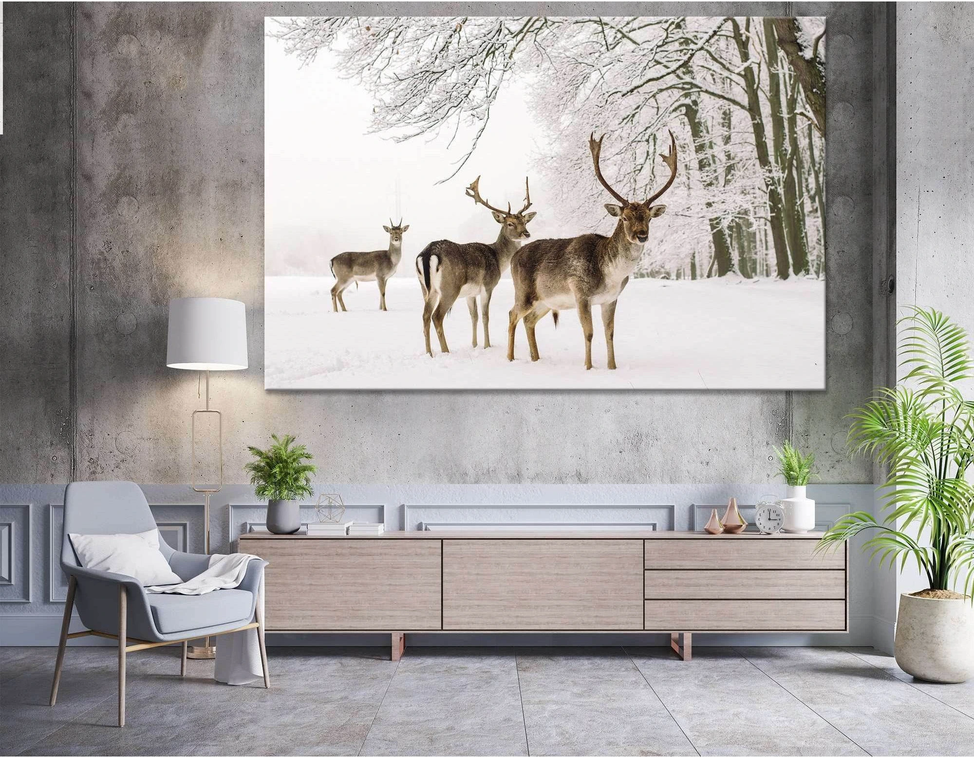 A male of fallow deer with grate antlers standing on the snow №04143 Ready to Hang Canvas Print - Zellart Canvas Prints ALL_Products