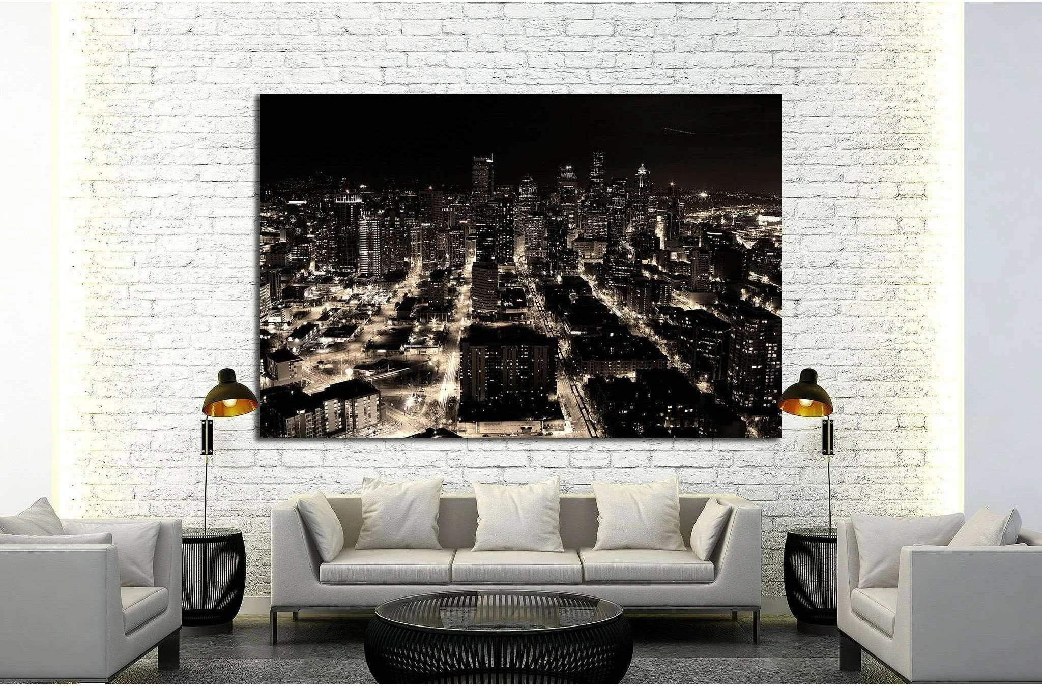 A night shot of the city of Seattle, US №1368 Ready to Hang Canvas Print - Zellart Canvas Prints ALL_Products, s-1368