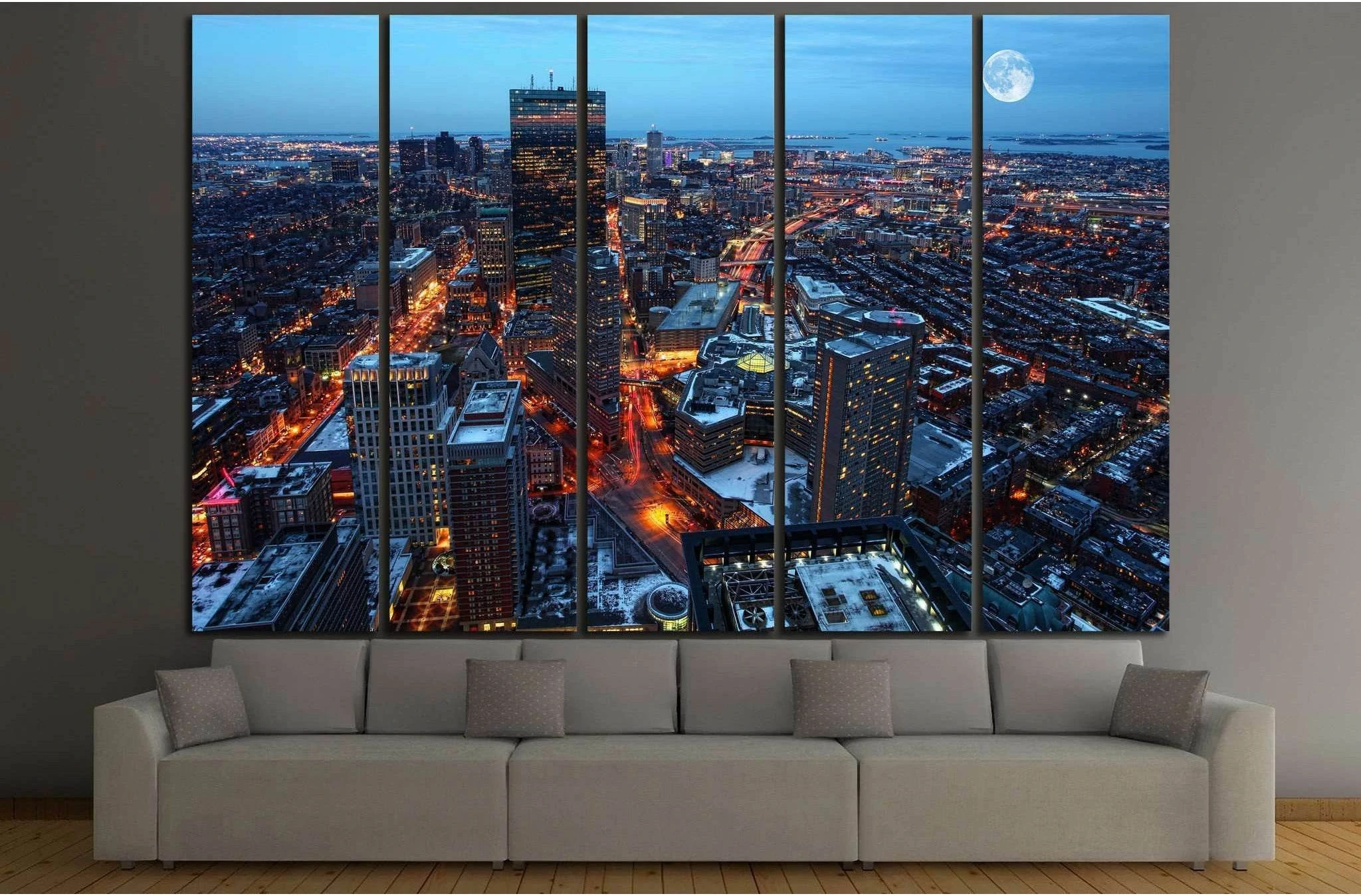 A Rising moon over the city of Boston №1442 Ready to Hang Canvas Print - Zellart Canvas Prints ALL_Products, s-1442
