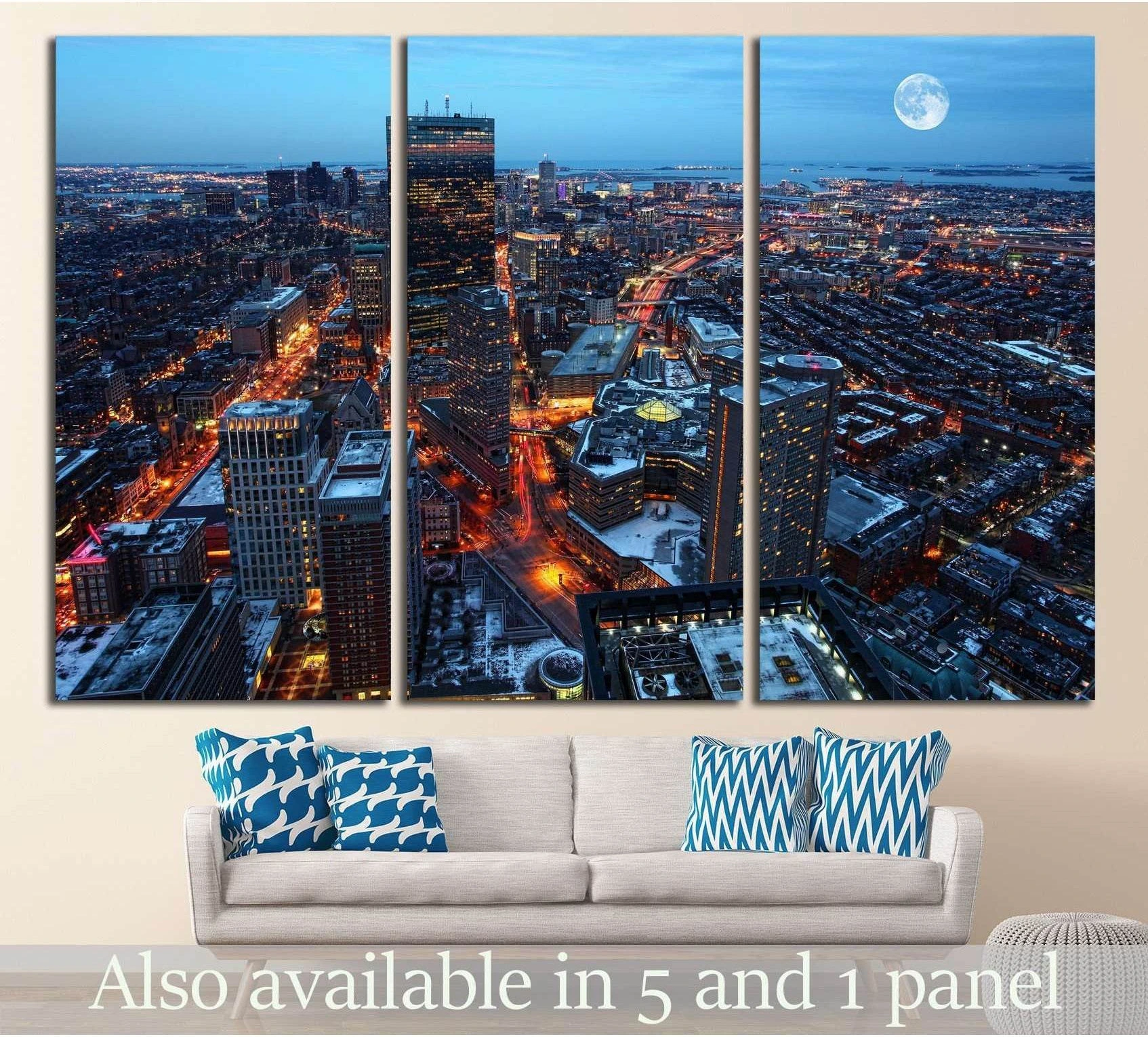 Boston skyline triptych canvas print with rising moon above sofa in a modern living room