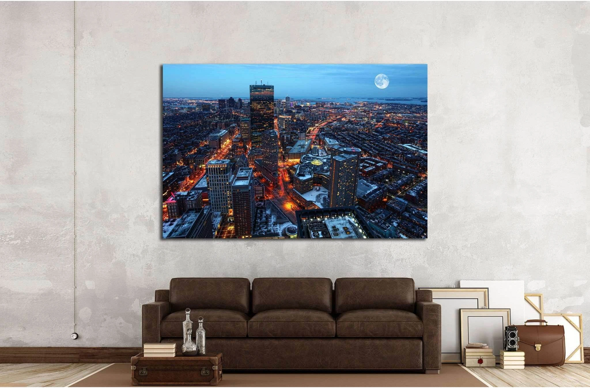 A Rising moon over the city of Boston №1442 Ready to Hang Canvas Print - Zellart Canvas Prints ALL_Products, s-1442