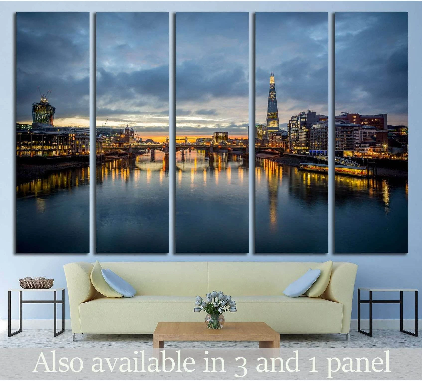 London skyline canvas print with The Shard over the River Thames at dusk, displayed above a sofa
