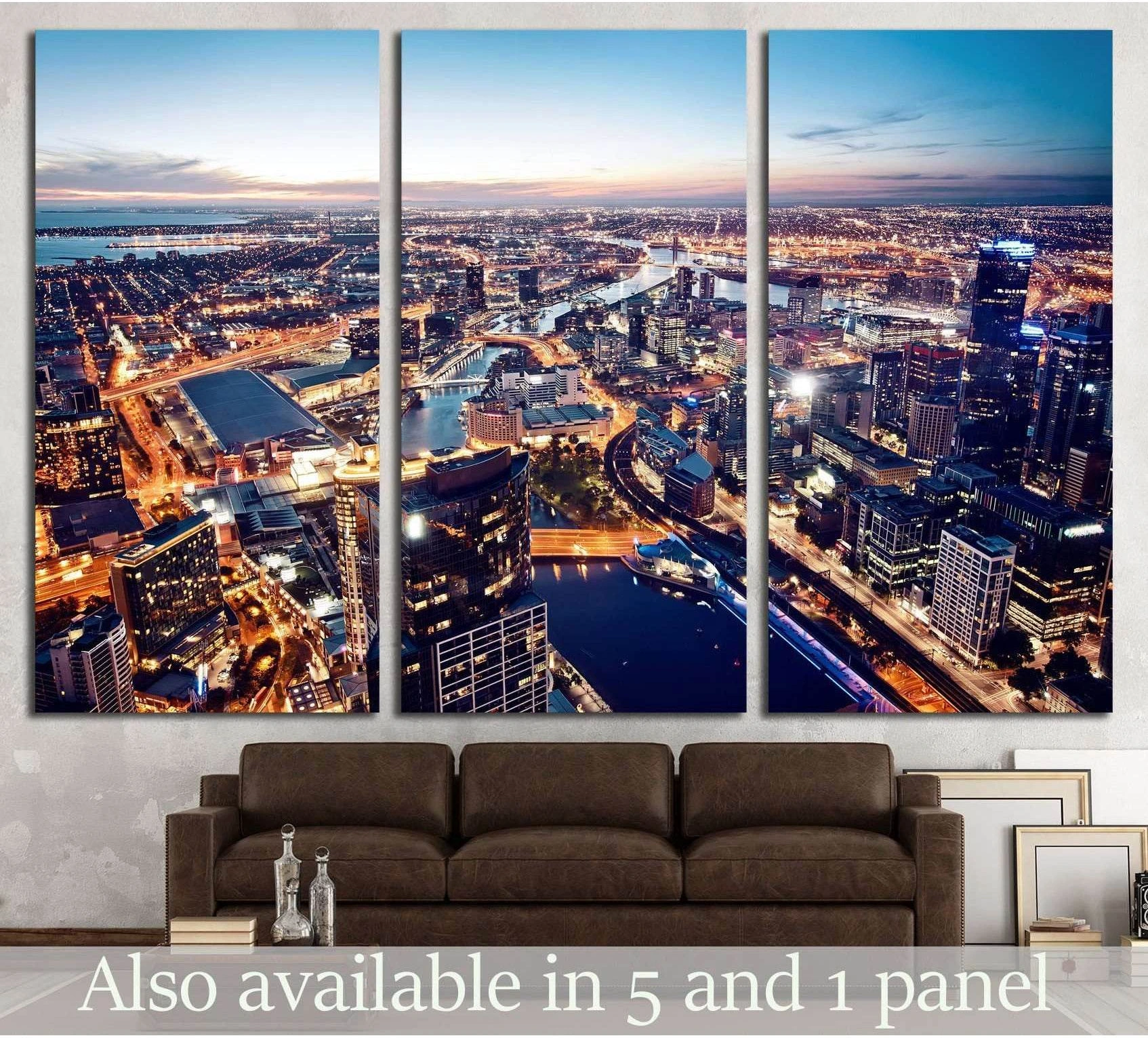 Melbourne night skyline triptych canvas print above sofa with Yarra River and glowing city lights