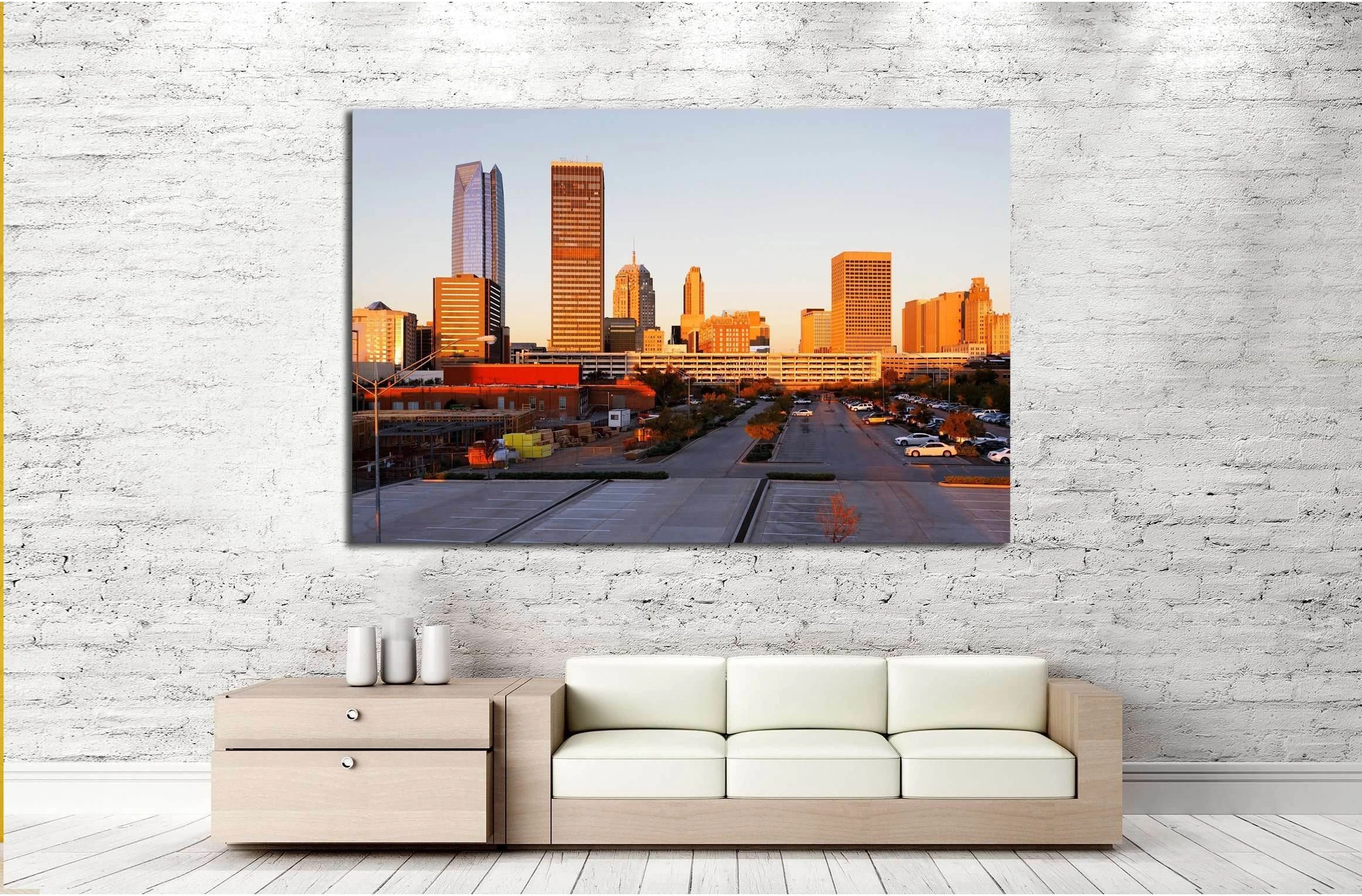 A view of the skyline of Oklahoma City at sunrise. №2636 Ready to Hang Canvas Print - Zellart Canvas Prints ALL_Products, s-2636
