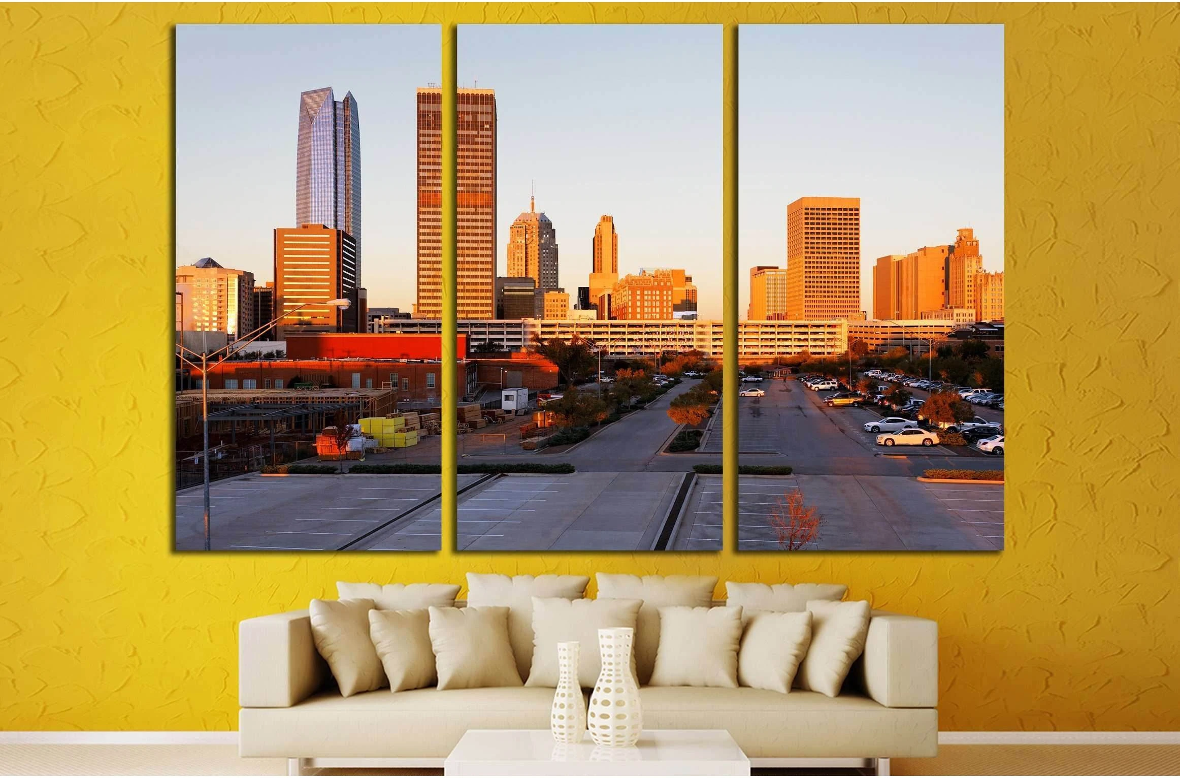 A view of the skyline of Oklahoma City at sunrise. №2636 Ready to Hang Canvas Print - Zellart Canvas Prints ALL_Products, s-2636