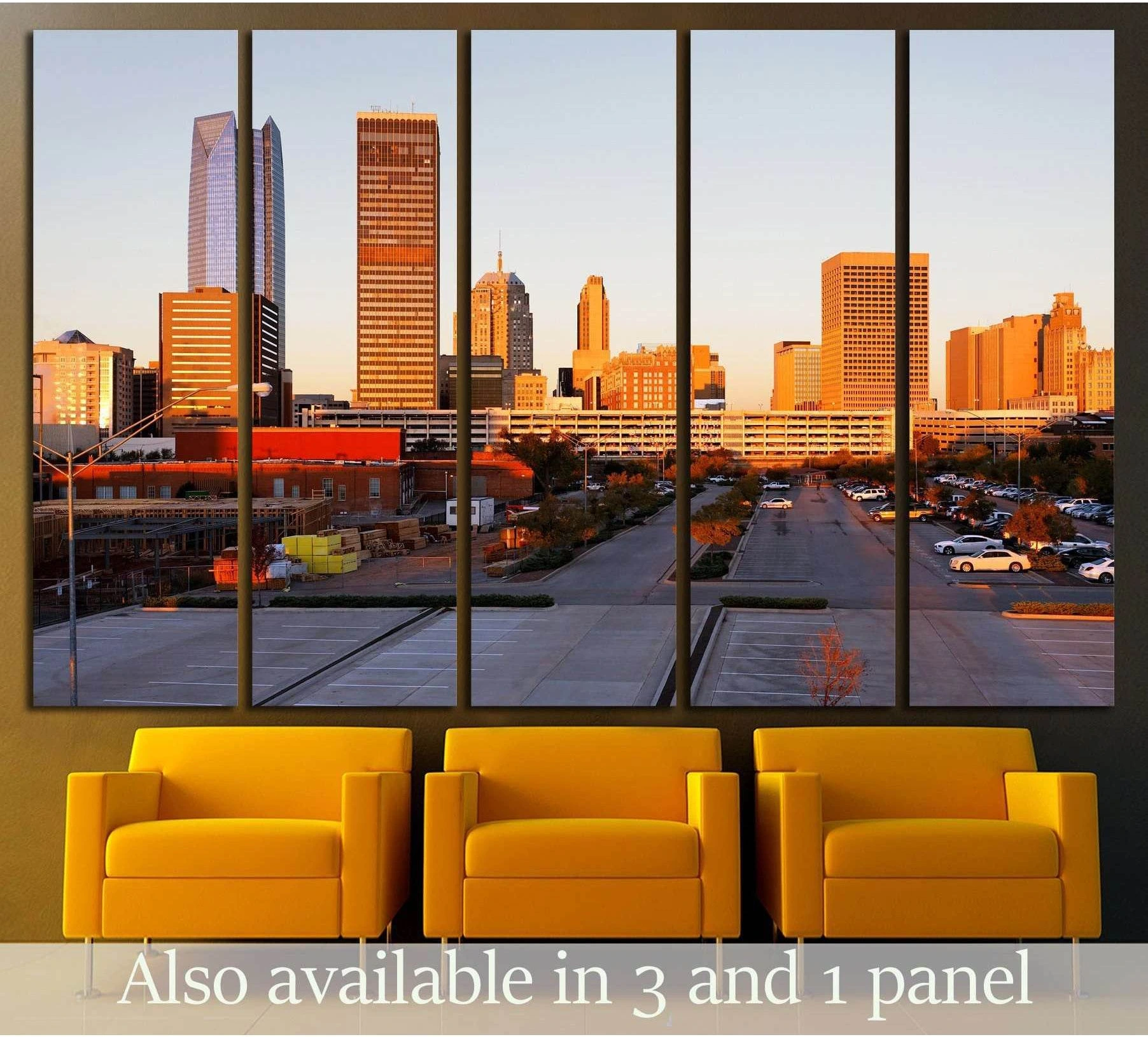 Oklahoma City skyline canvas print at sunrise displayed as a five-panel set above yellow chairs