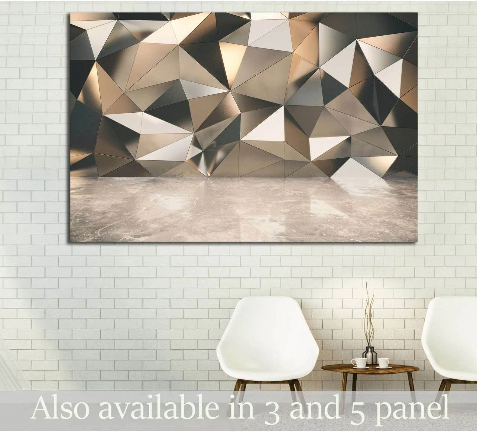 Metallic abstract geometric canvas print with gold bronze facets and concrete floor detail