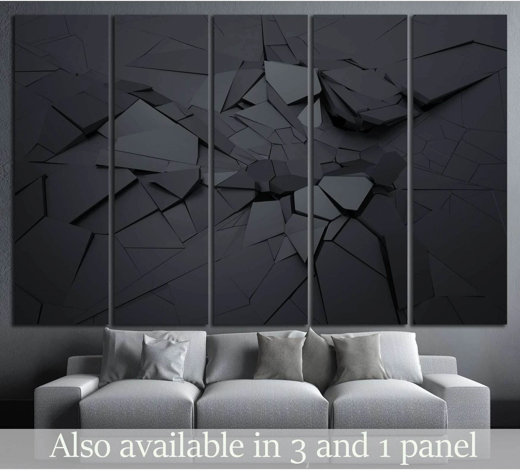 Dark abstract 3D canvas print with fractured geometric charcoal panels above a gray sofa