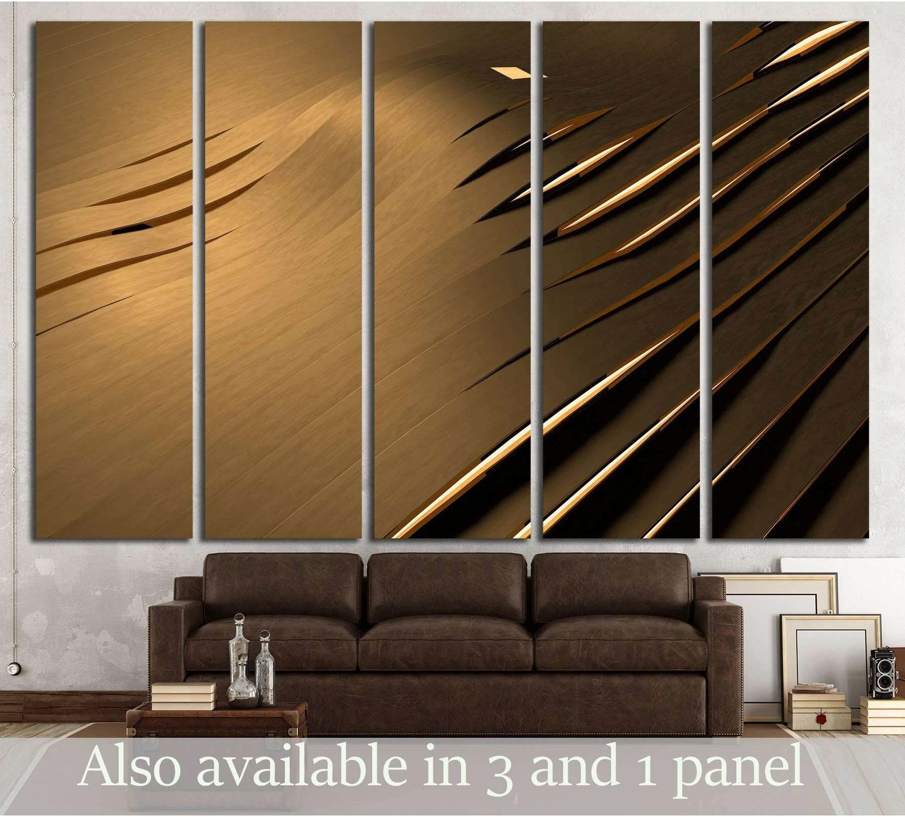 Abstract gold wave canvas print in multi-panel layout above a brown sofa in a modern living room