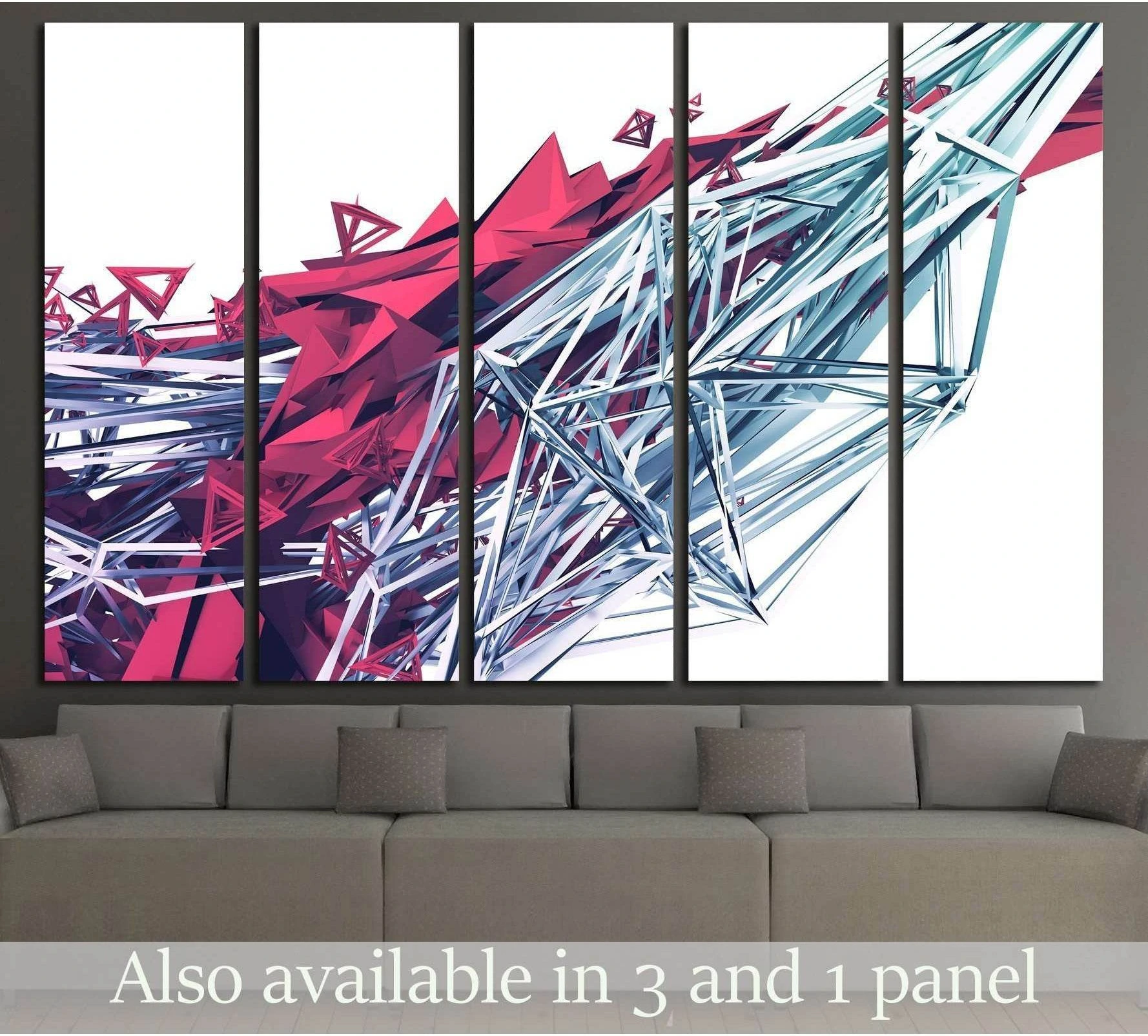 Abstract geometric plexus canvas print with cyan and magenta polygon shards on white background