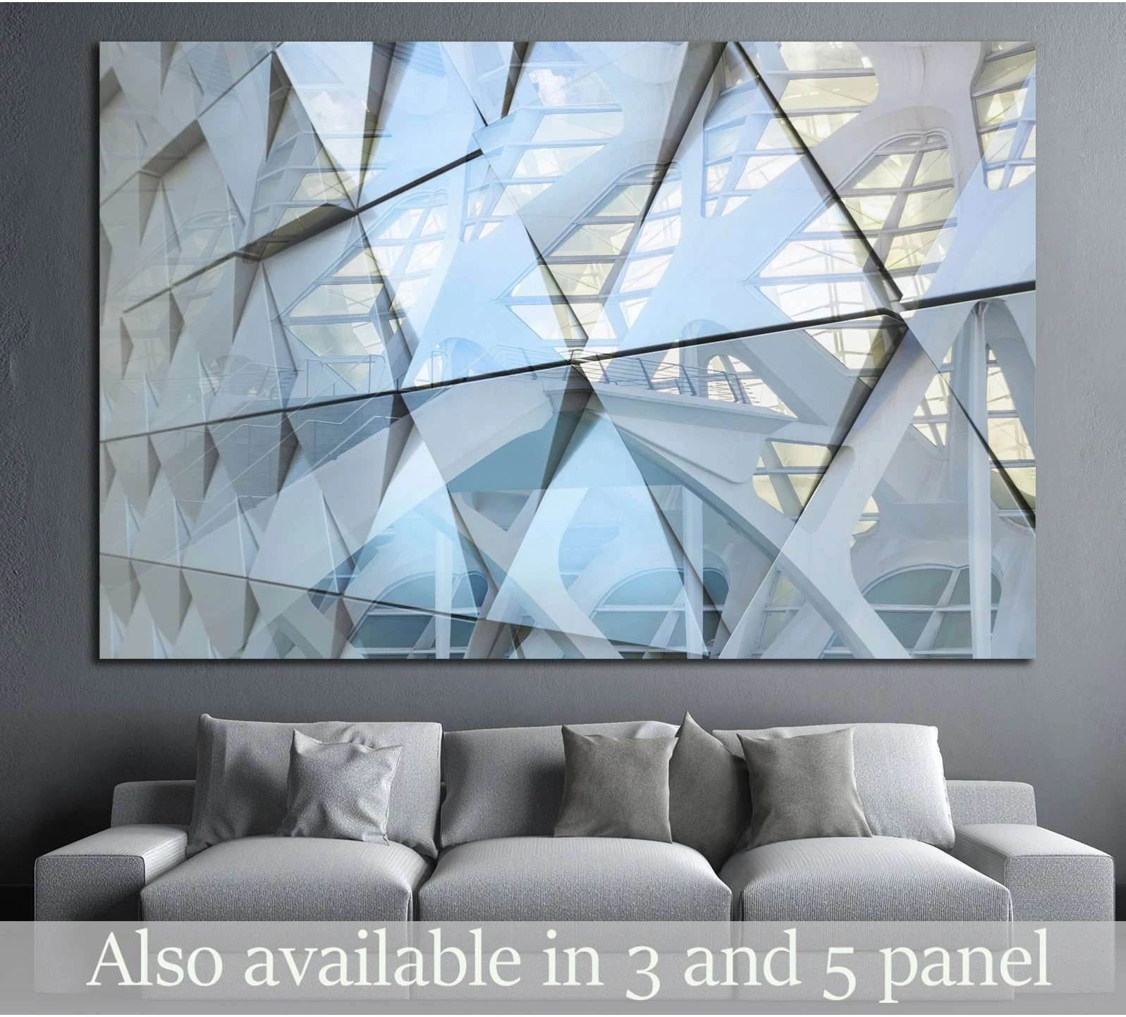 Abstract architectural canvas print with layered glass lines and white steel beams above a sofa