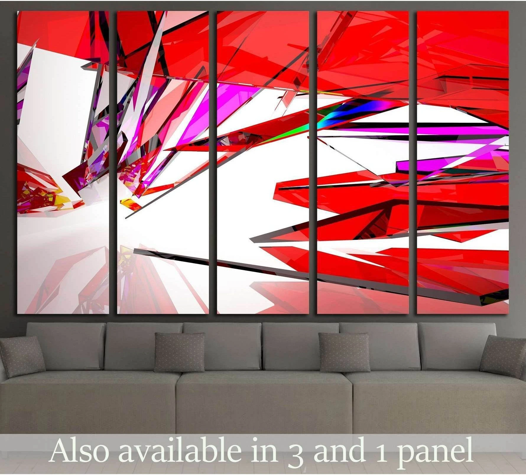 Red geometric abstract canvas print with glass-like shards and black lines above a sofa in a modern living room
