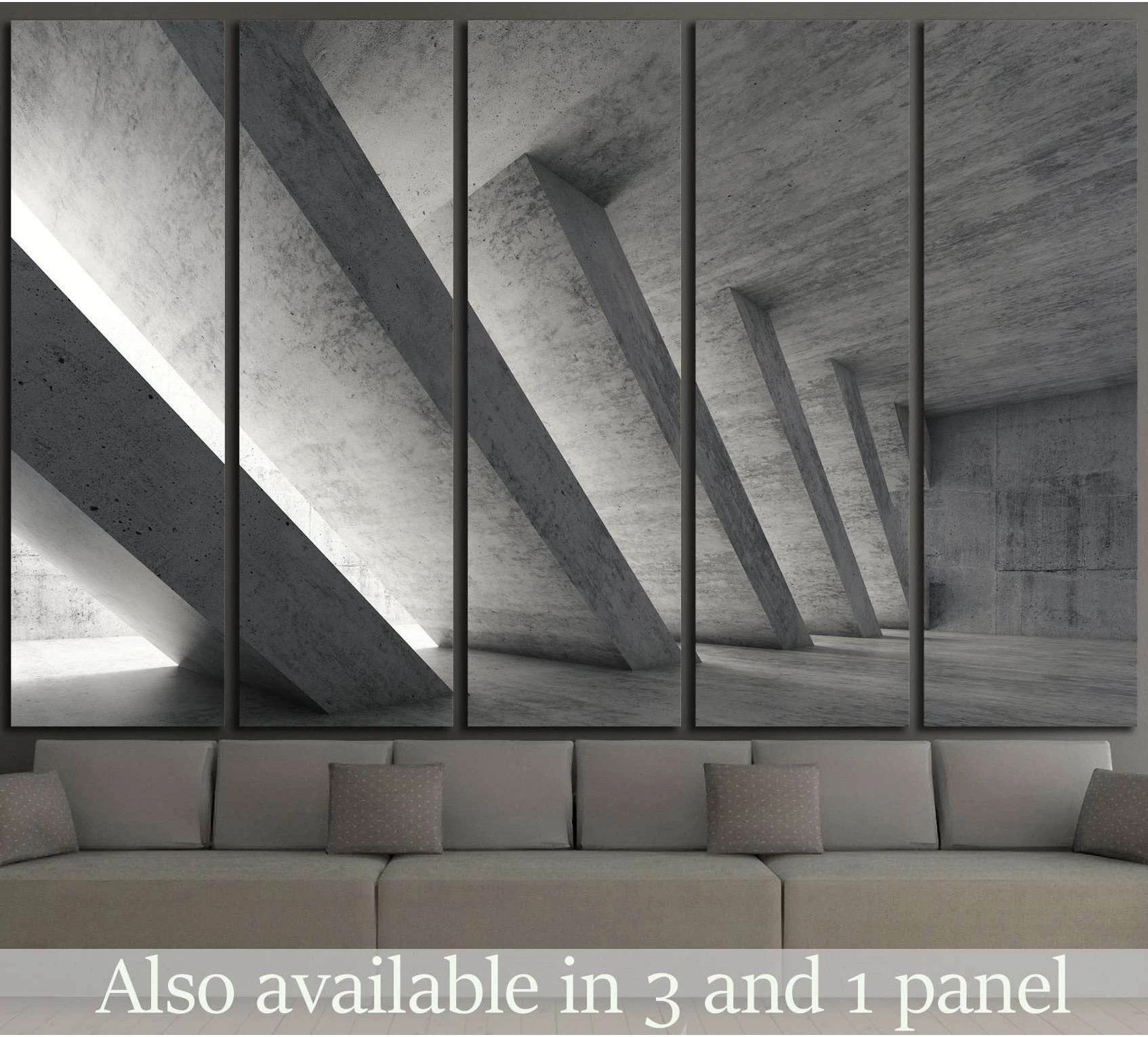 Monochrome abstract architecture canvas print with diagonal concrete beams in a modern living room