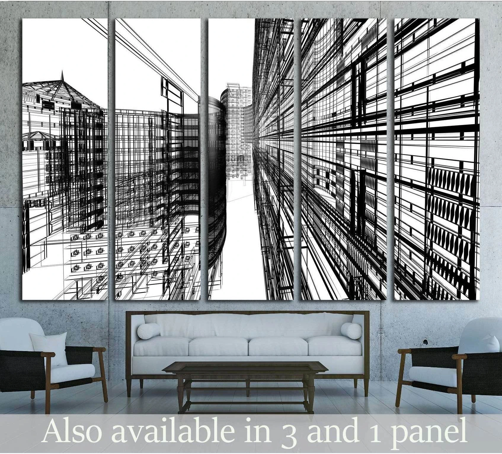 Black and white abstract architecture canvas print with skyscraper linework in a modern living room