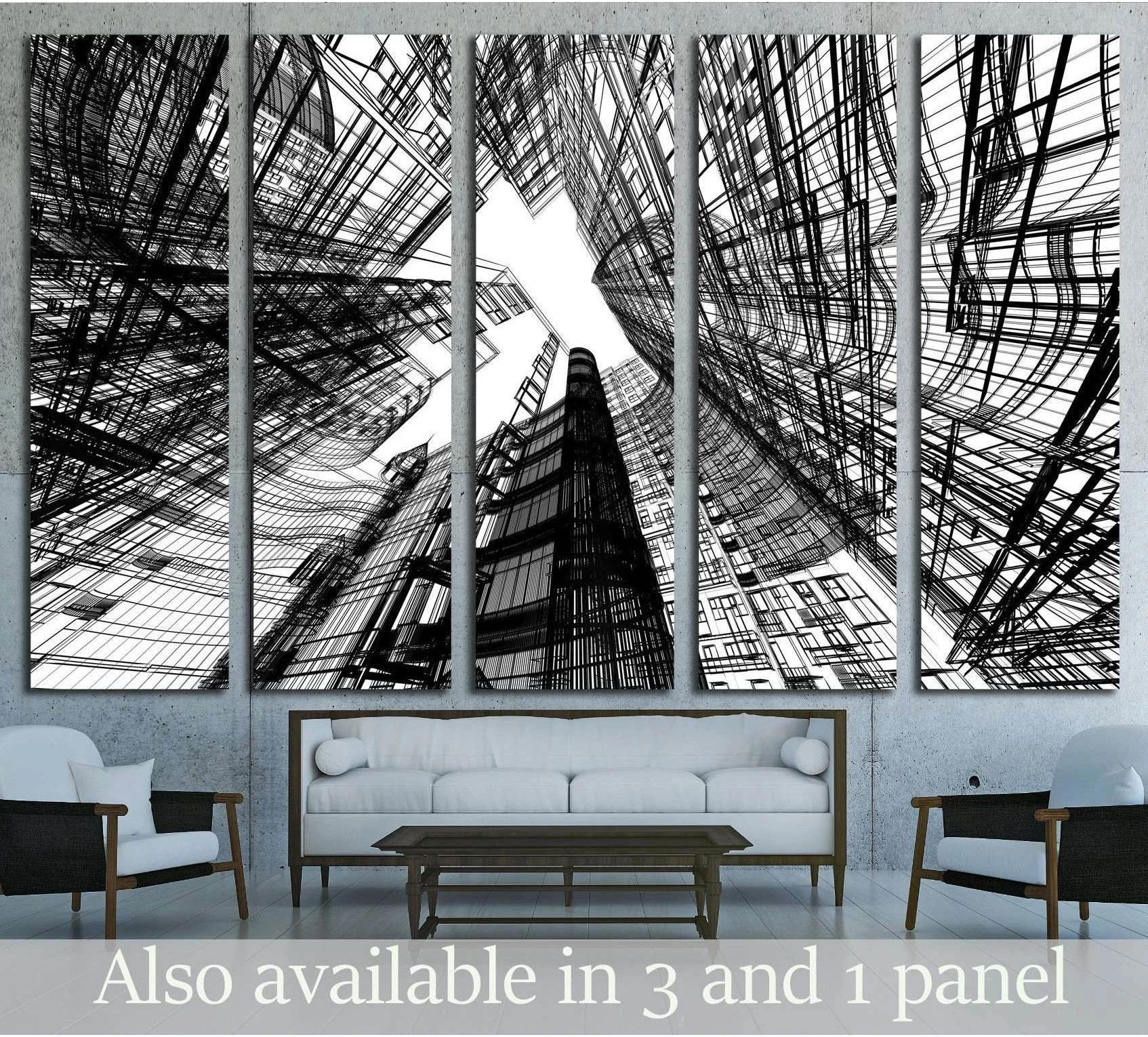 Black and white abstract architecture canvas print with upward skyscraper lines in a modern living room