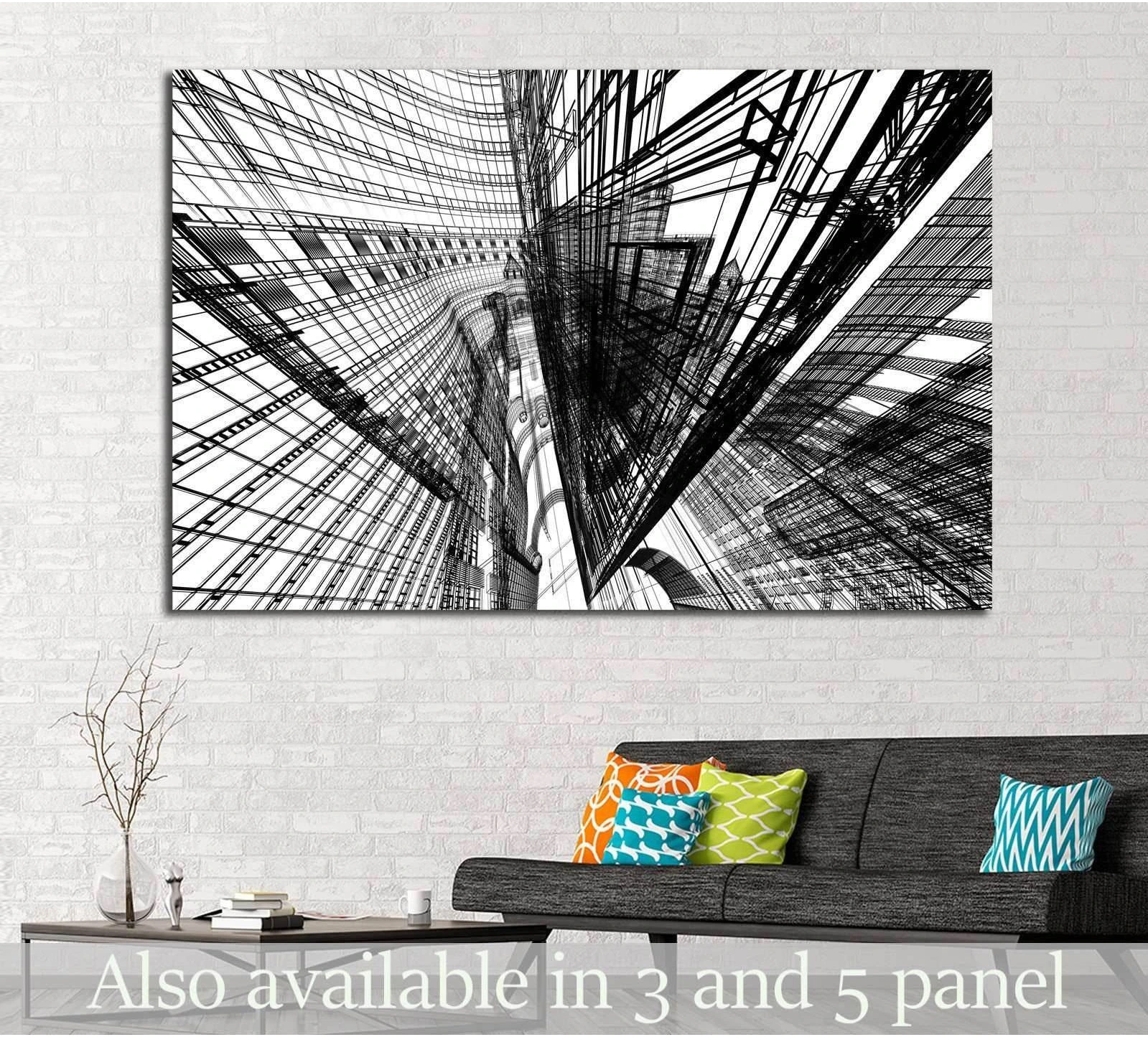Black and white abstract architecture canvas print above sofa in a modern living room
