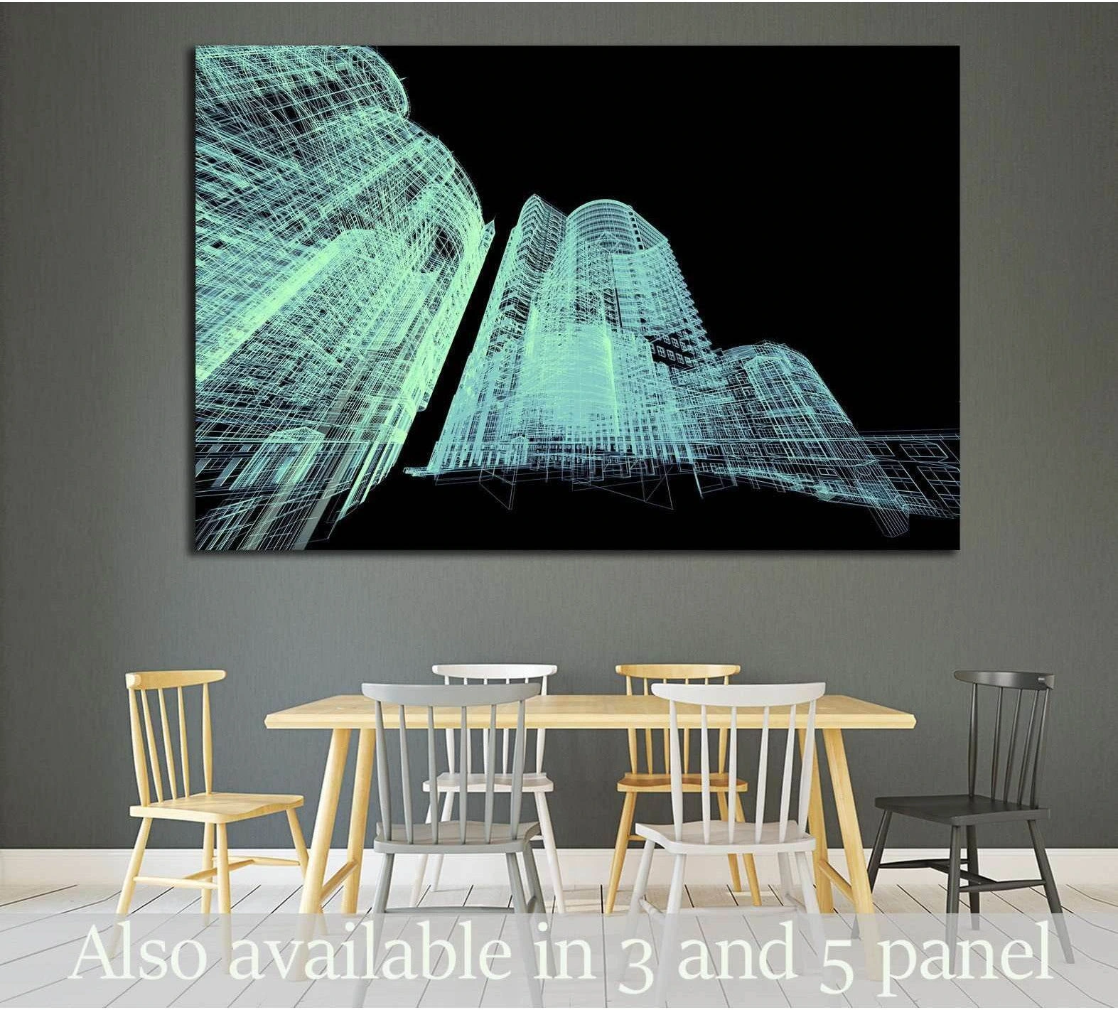 Teal wireframe skyscraper canvas print on black displayed above dining table in a modern room