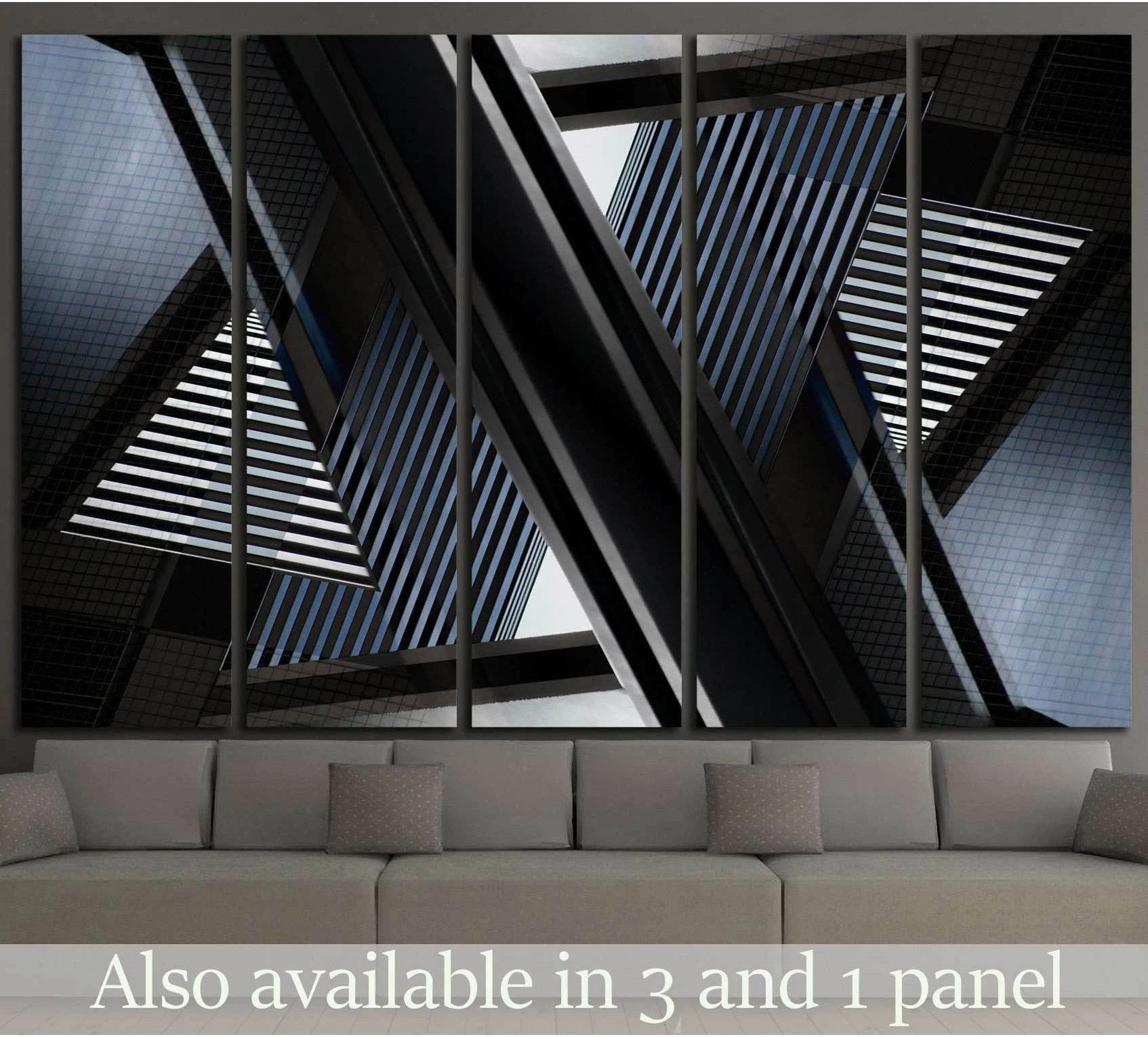 Abstract architecture canvas print with black, gray, and blue geometric building lines