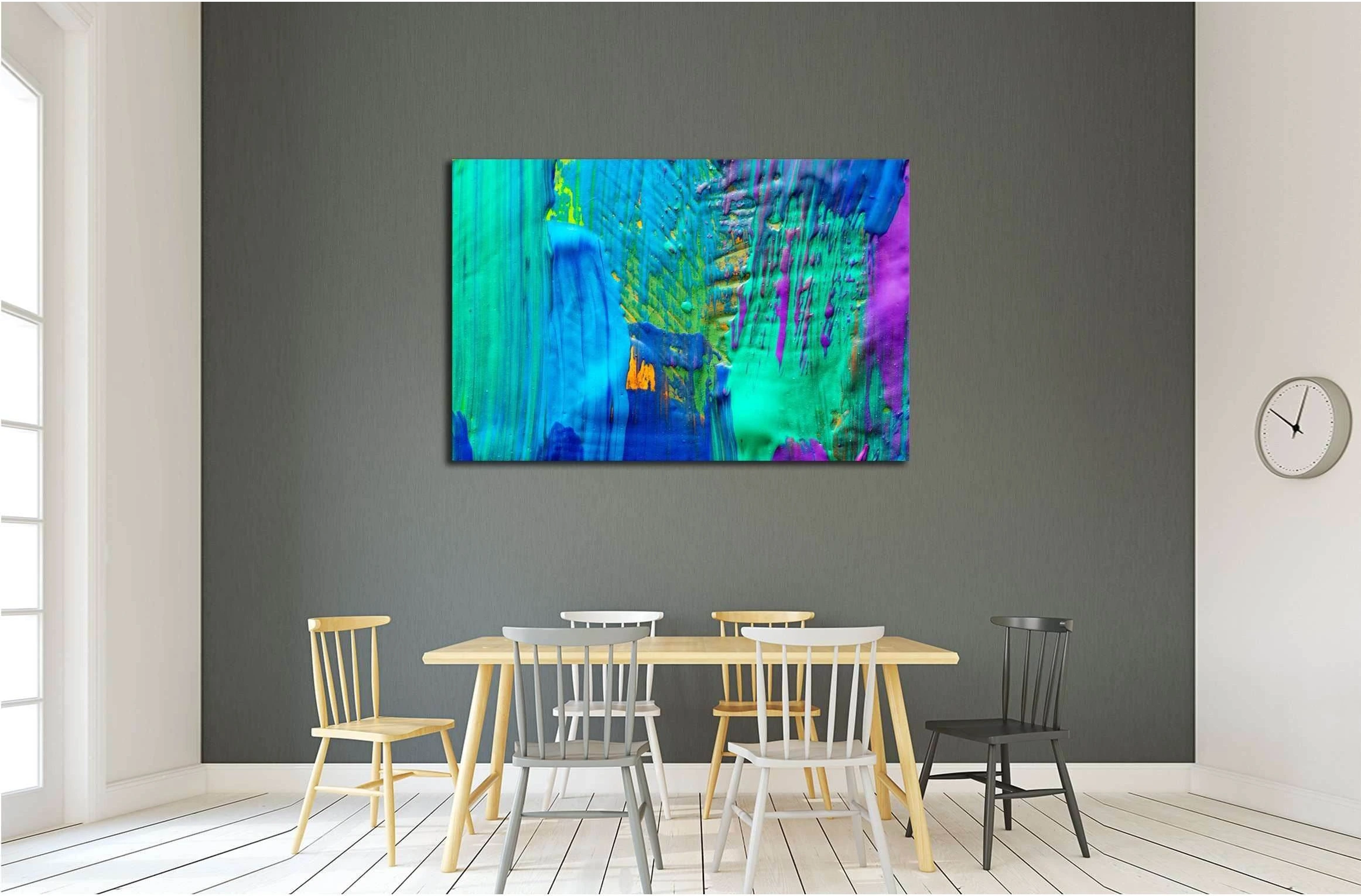Abstract teal triptych artwork with turquoise, blue, green and purple paint drips detail view
