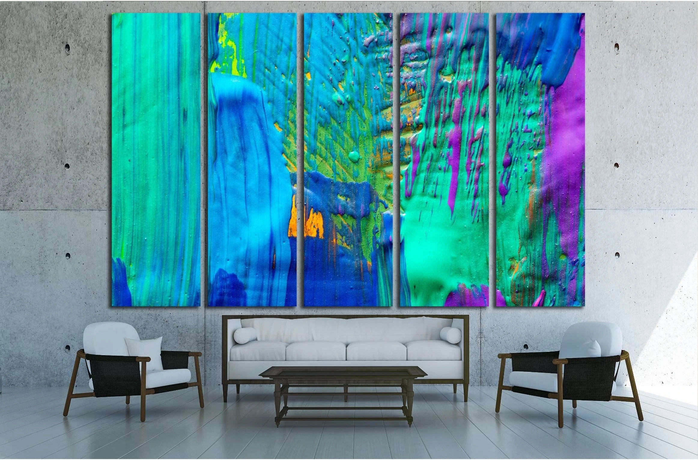 Abstract teal triptych artwork with turquoise, blue, green and purple paint drips detail view