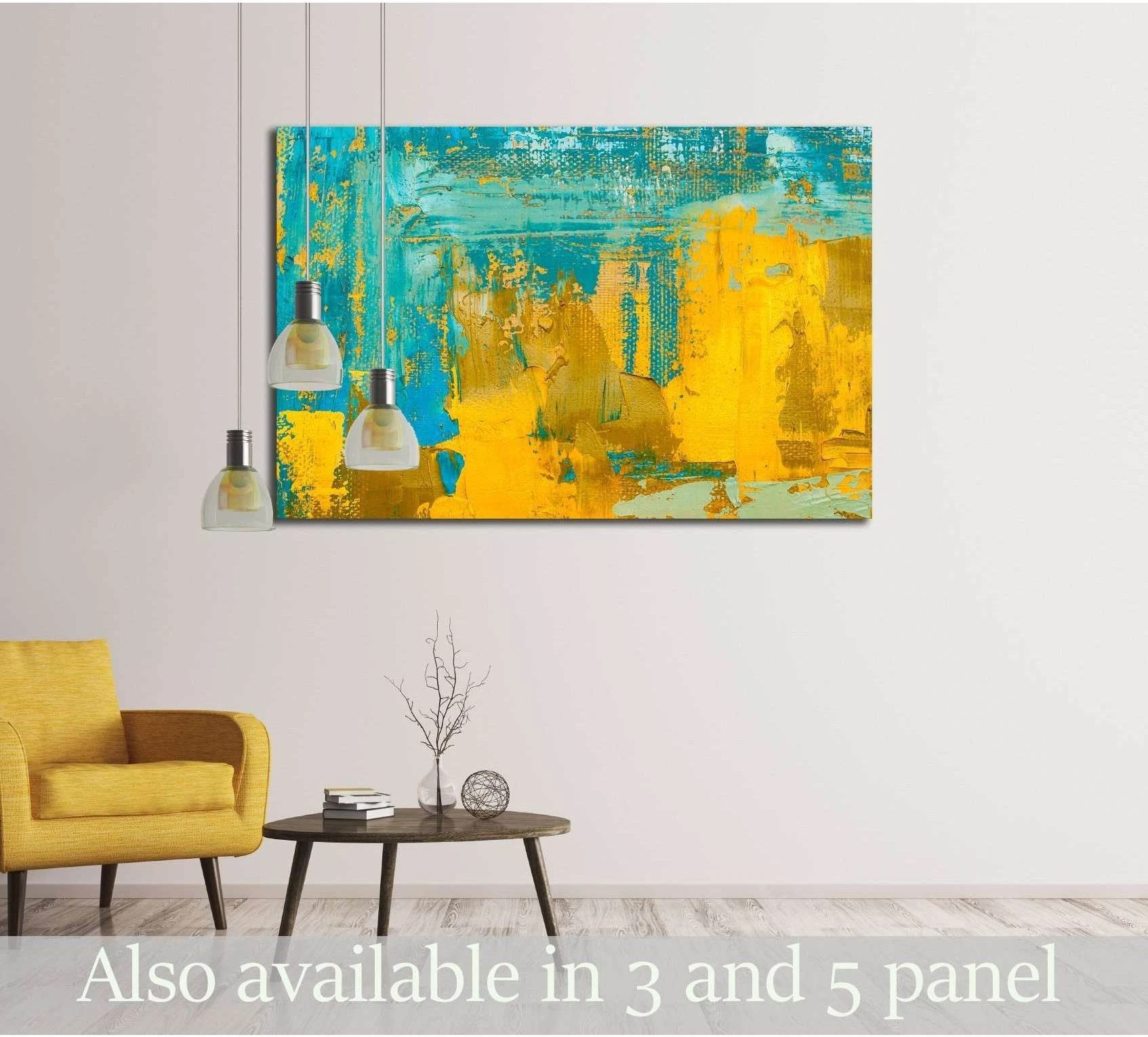 Teal and mustard abstract canvas print with textured brushstrokes in a modern living room