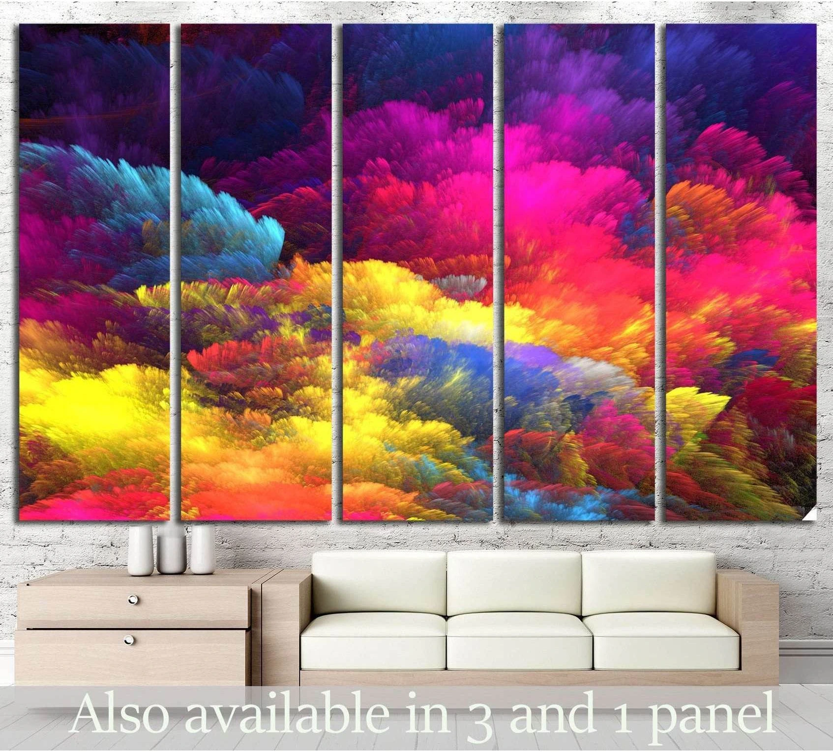 Five-panel colorful abstract canvas print with pink, yellow, blue, and purple bursts above a sofa