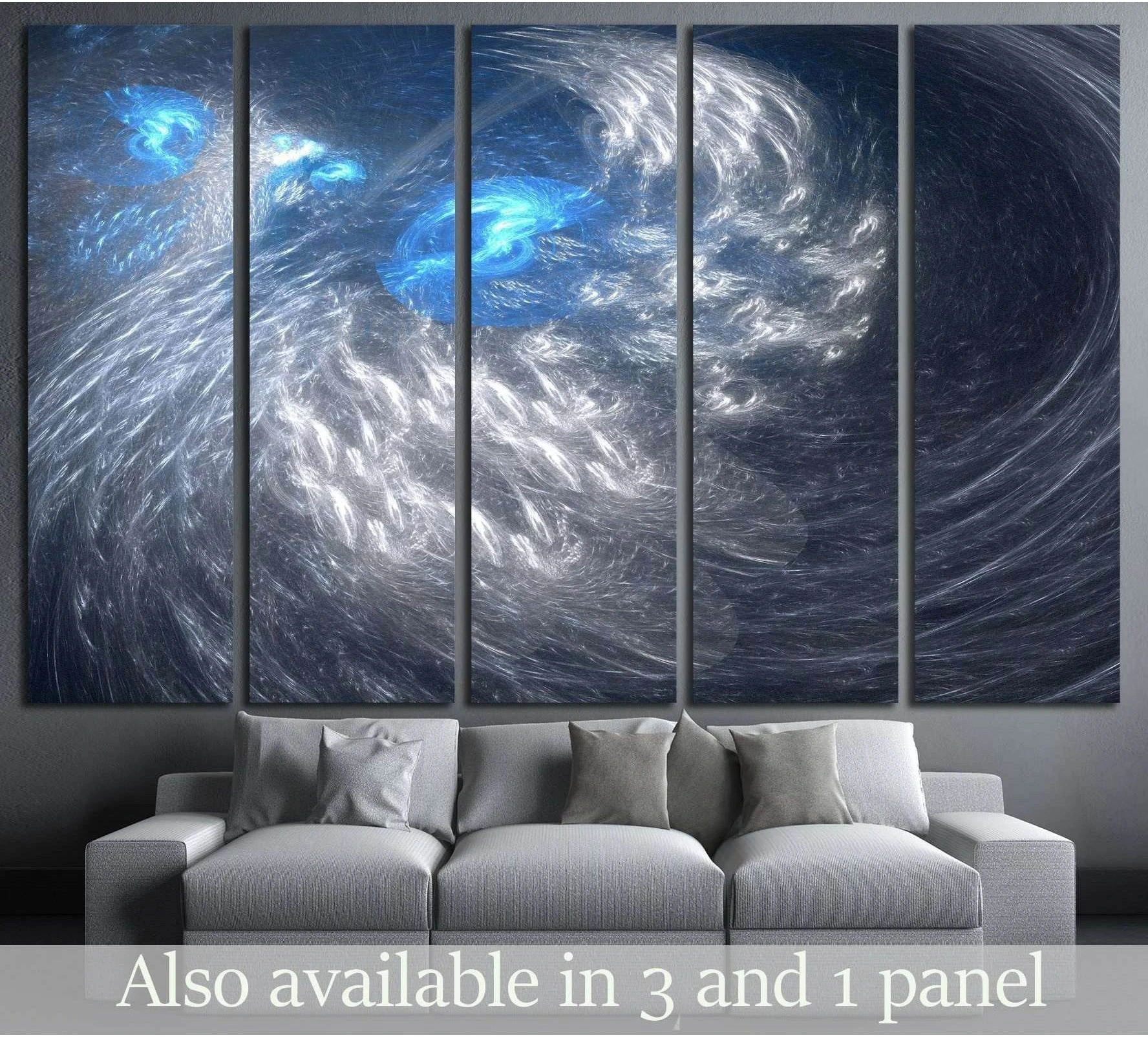 Blue gray abstract fractal canvas print with swirling white and electric blue forms above a gray sofa