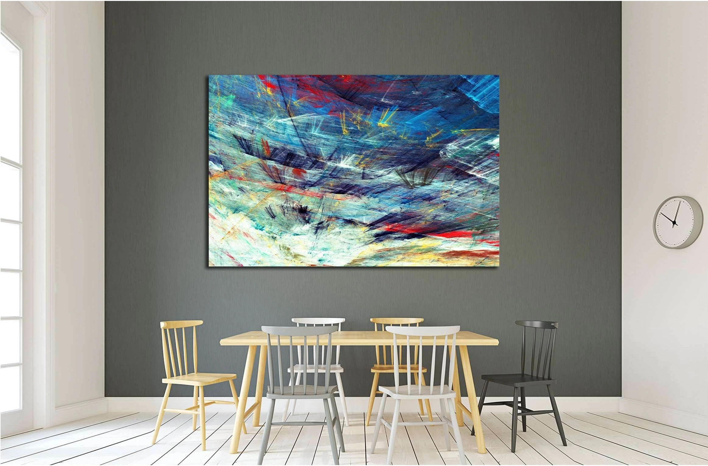 A blue-and-white abstract triptych shows energetic, brushy streaks with yellow and red sparks across layered, textured swirls detail view