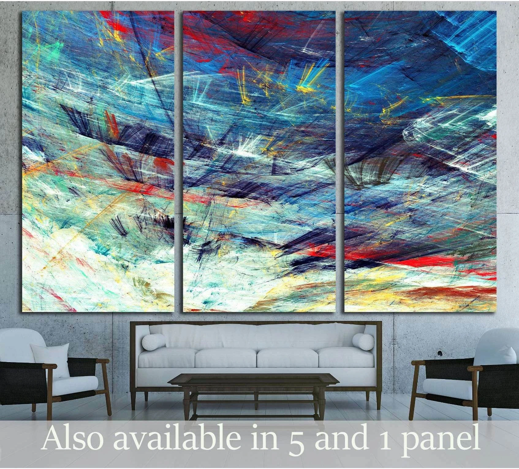 A blue-and-white abstract triptych shows energetic, brushy streaks with yellow and red sparks across layered, textured swirls