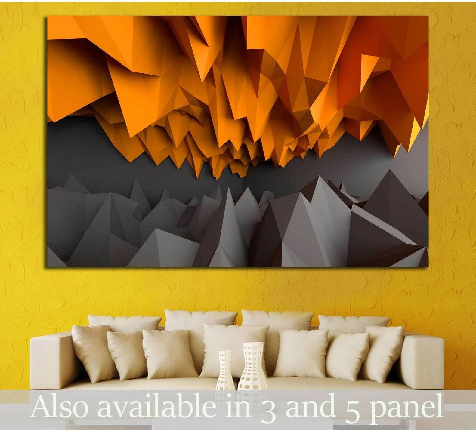 Abstract orange and charcoal geometric canvas print hung above a sofa in a modern living room