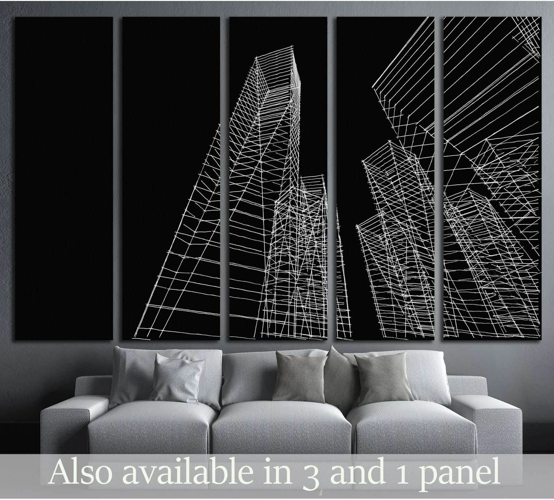 Black and white wireframe skyscraper canvas print in a multi-panel modern living room mockup