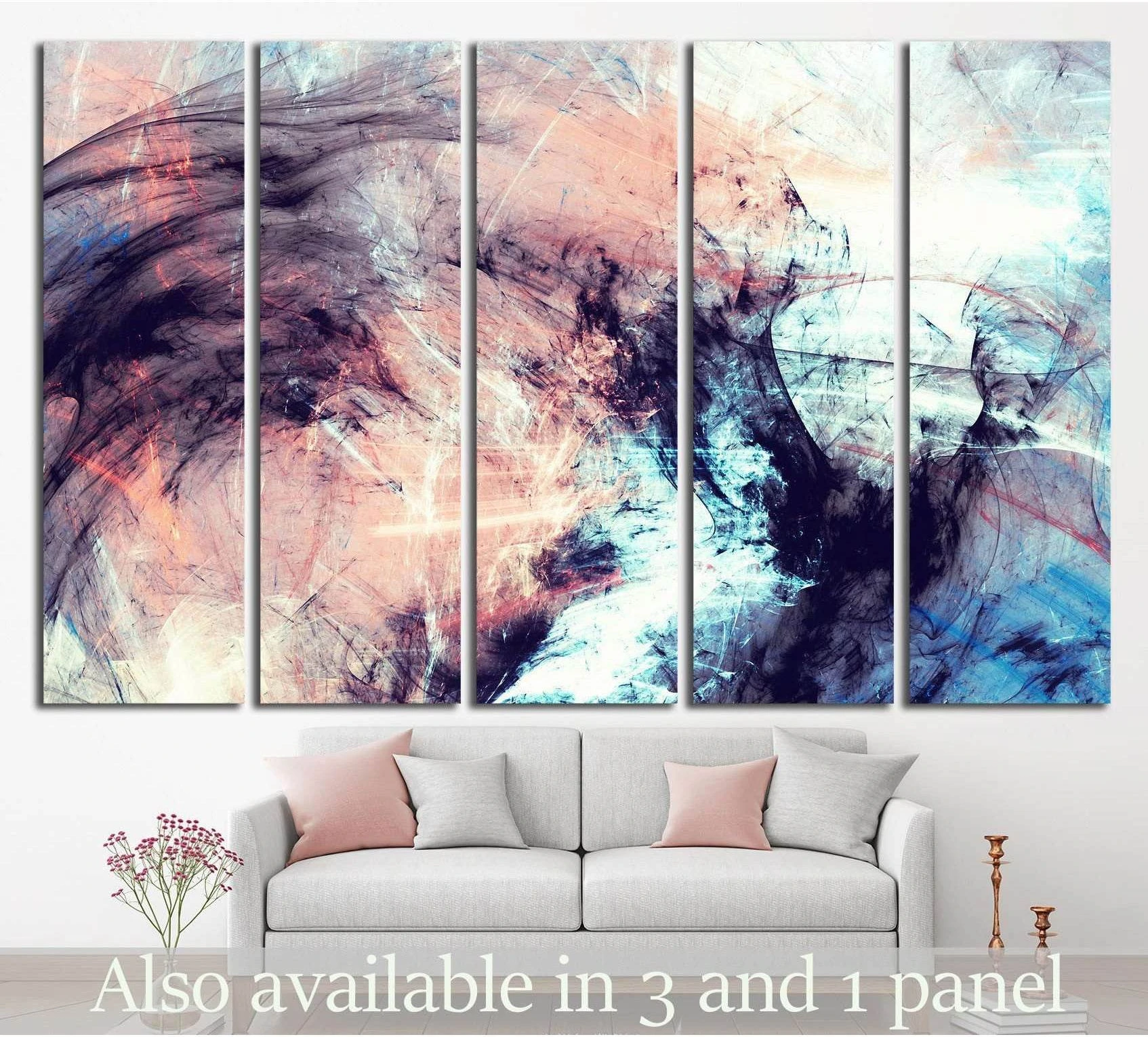 Pink and blue abstract multi-panel canvas print with blush, navy, and icy blue brushstrokes above a sofa