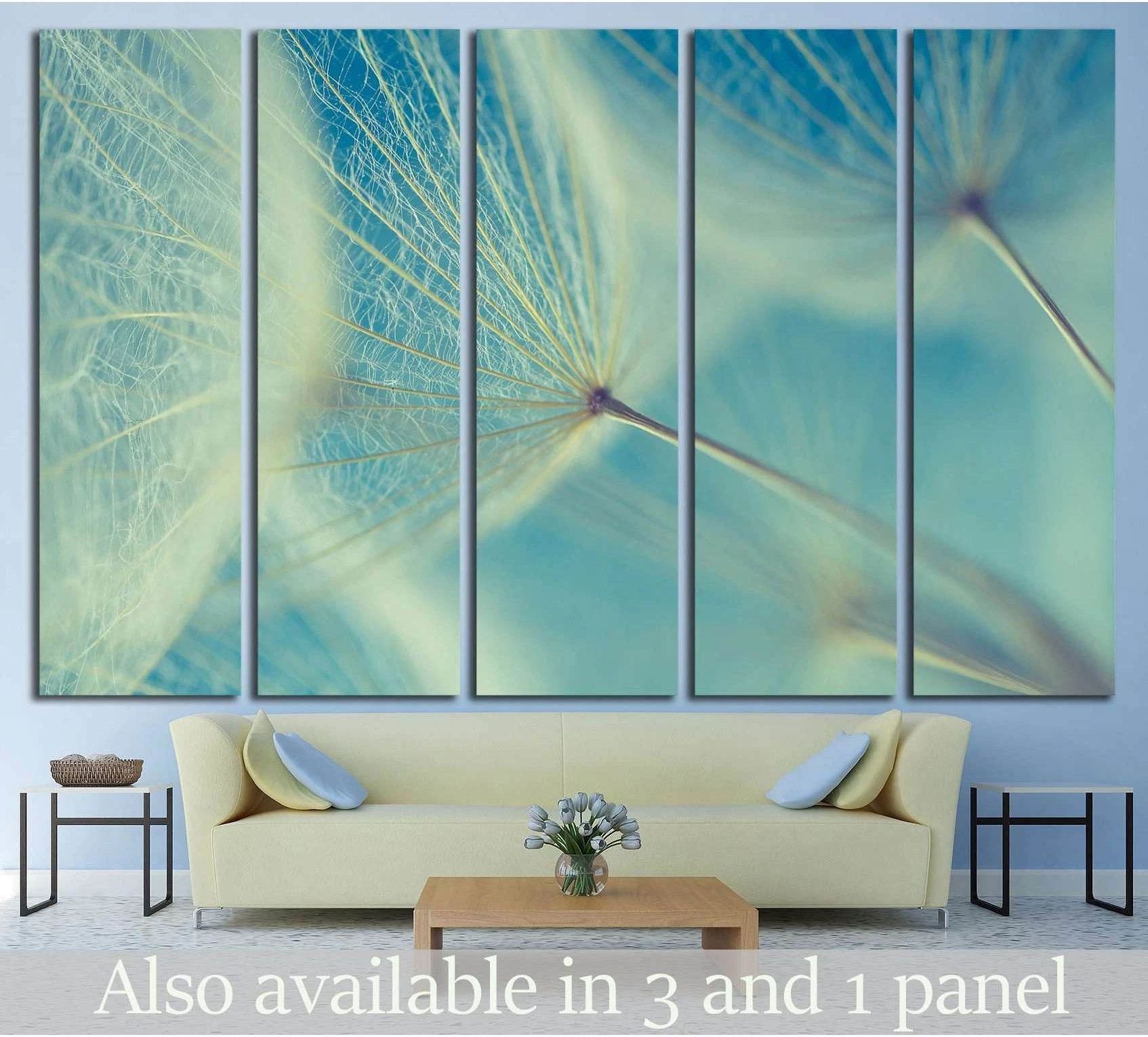 Aqua dandelion seed macro canvas print in soft teal tones above a sofa in a modern living room