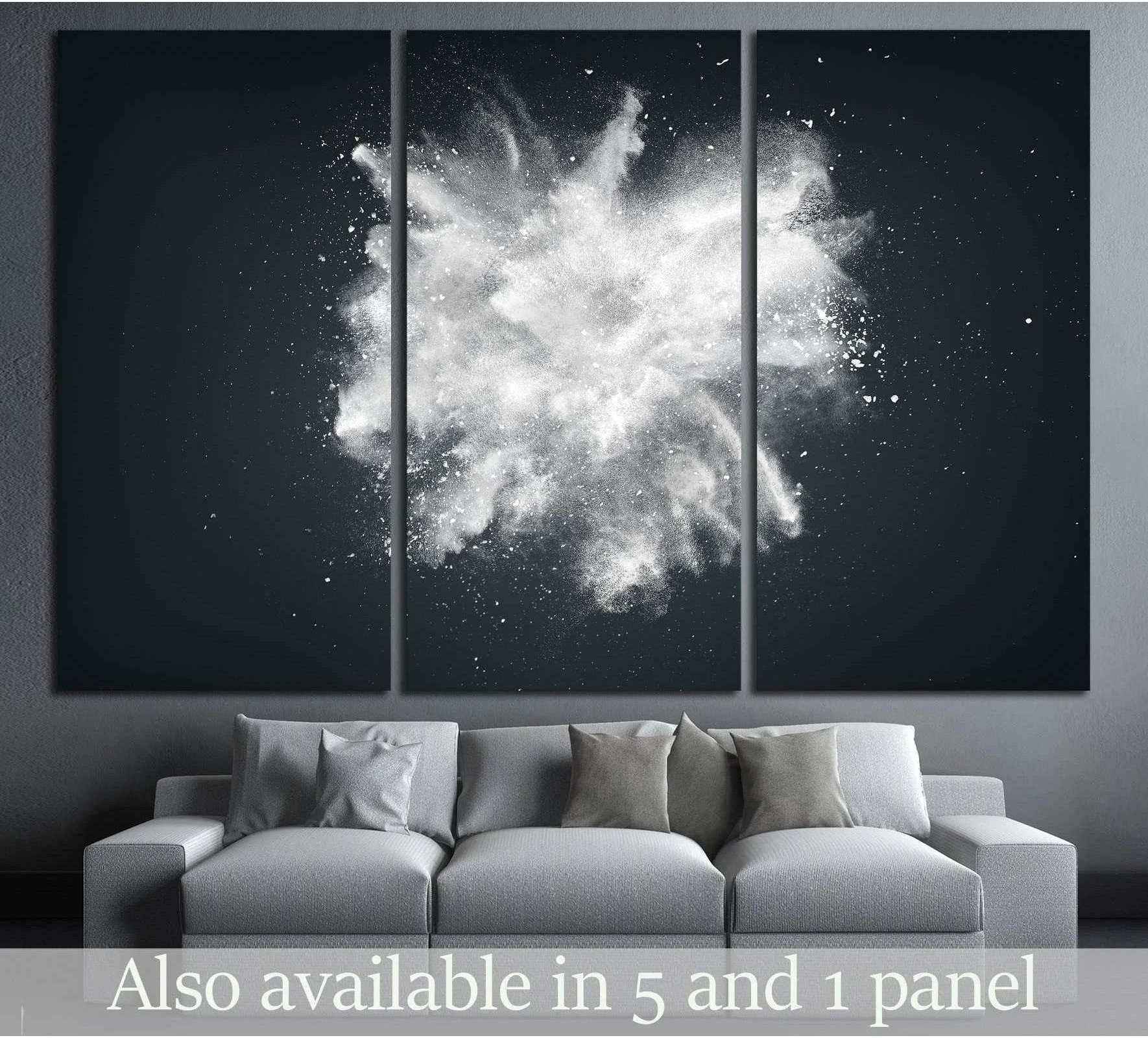 White powder cloud triptych canvas print above a gray sofa in a modern minimalist living room