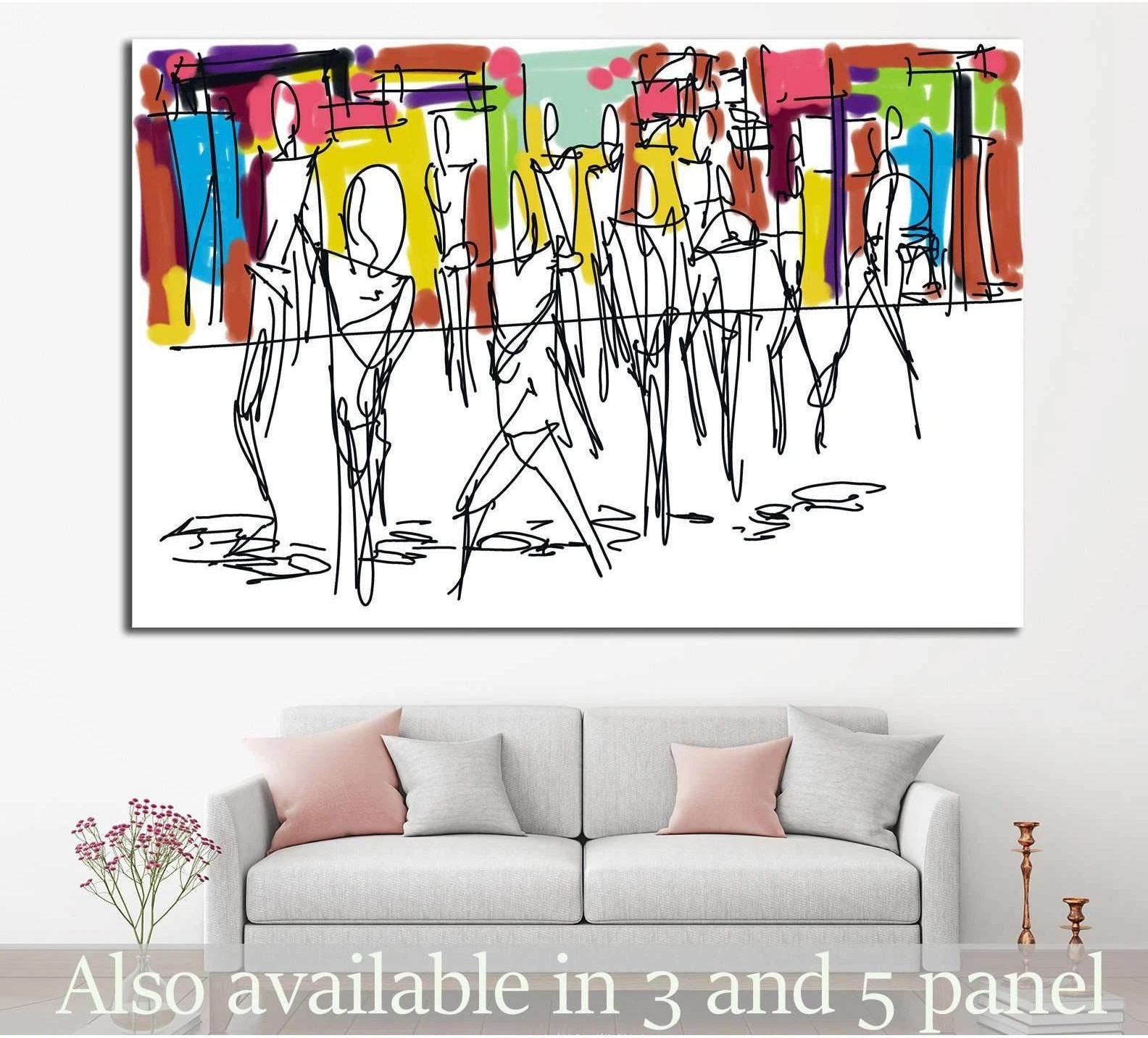 Abstract figures canvas print with colorful block background and loose black linework above a sofa