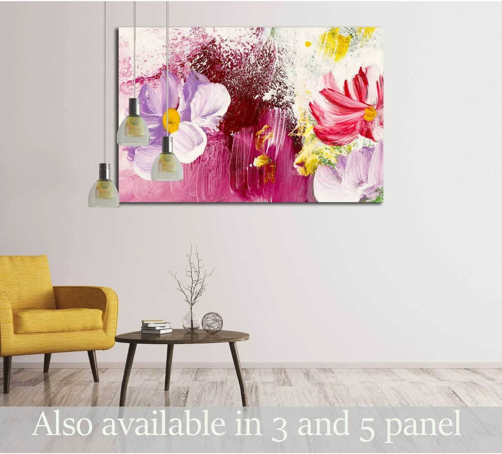 Abstract flowers canvas print with pink, plum, and yellow blooms above sofa in a modern room