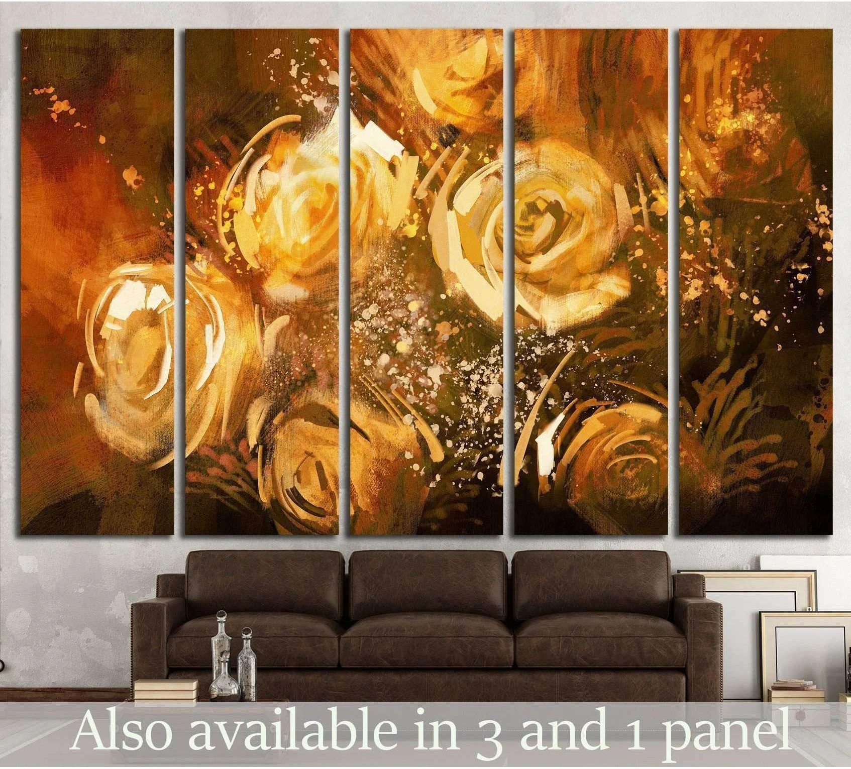 Abstract gold floral canvas print with vintage rose-like blooms in amber and brown tones above a sofa