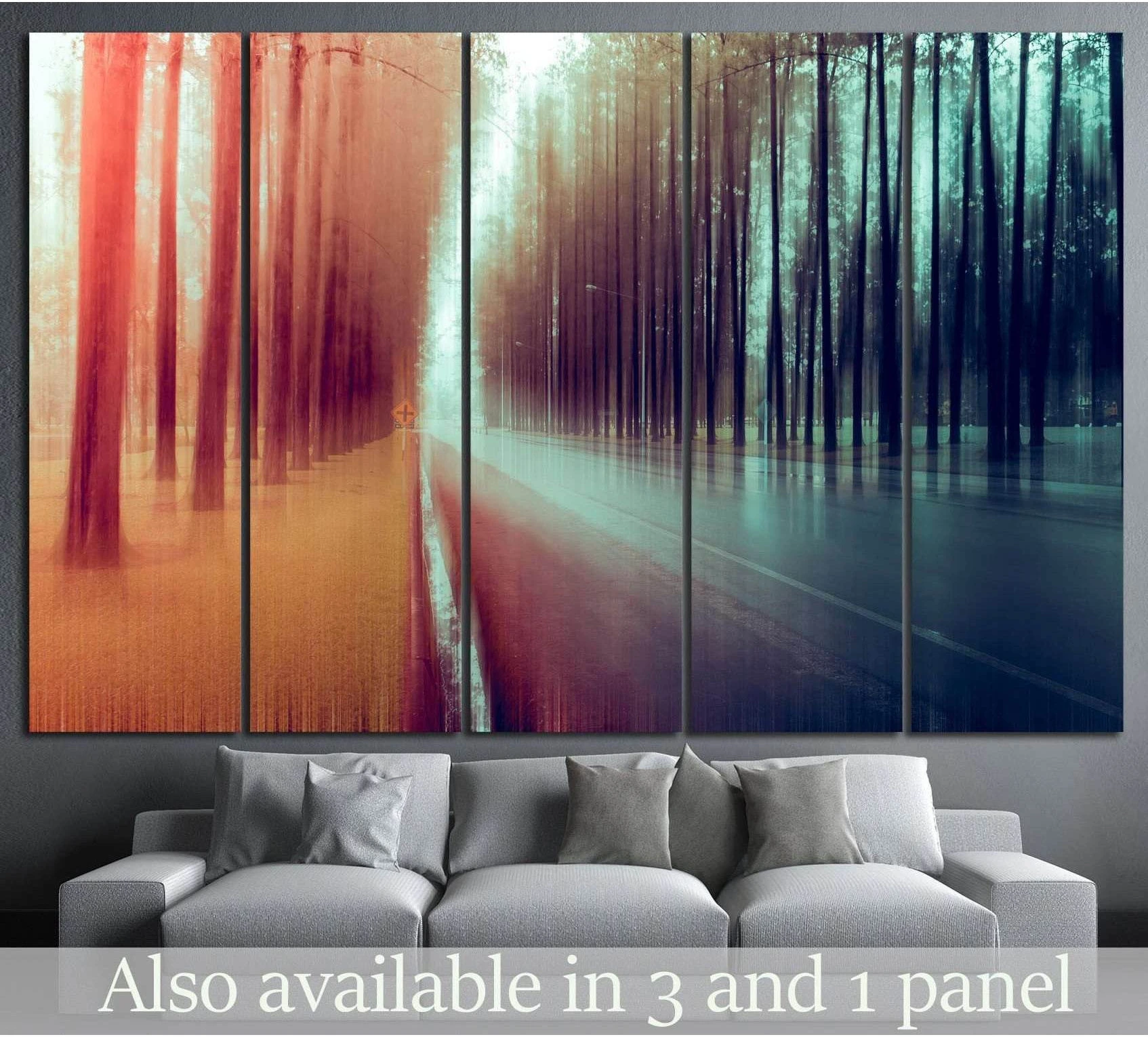 Abstract forest canvas print with orange and teal tree-lined road, hung above a grey sofa in a modern living room