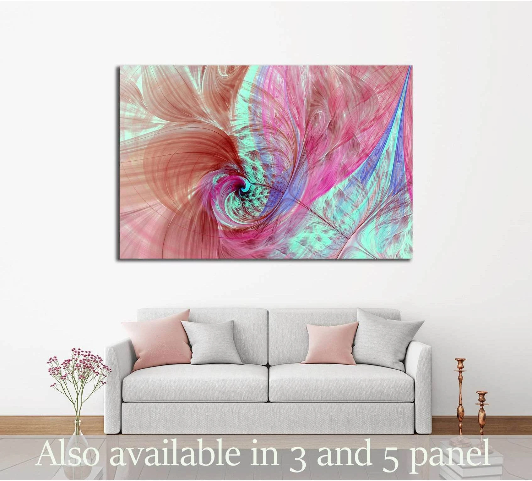 Pink and teal abstract fractal canvas print with floral spirals above a sofa in a modern living room
