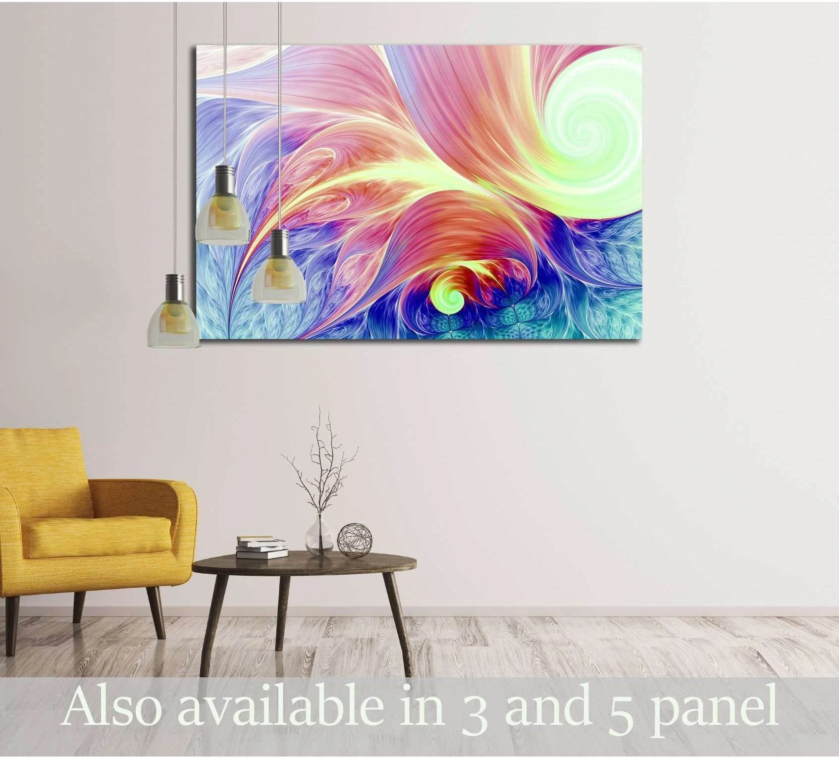 Abstract fractal canvas print with pastel pink, blue, and green spirals hung in a modern living room