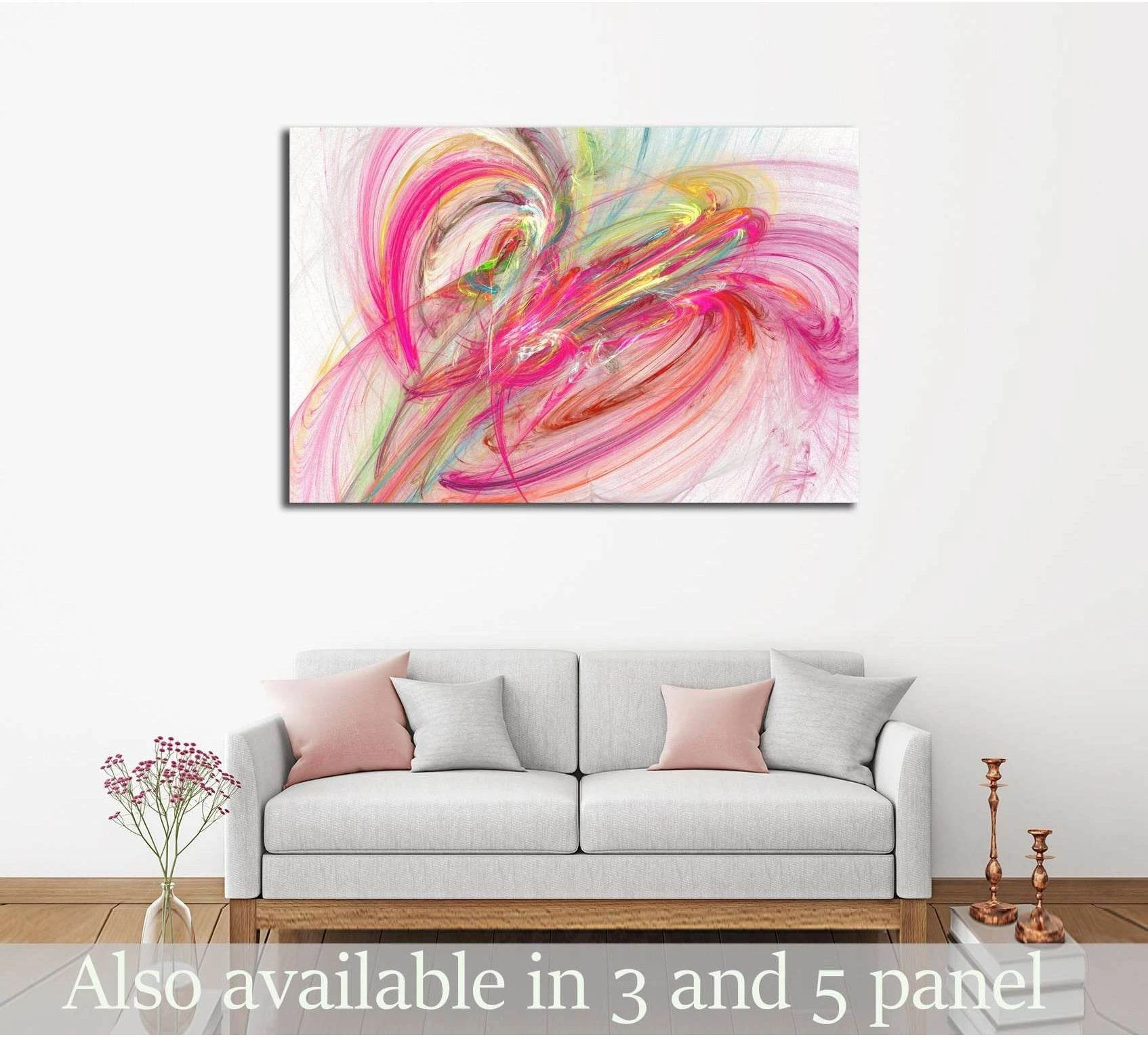 Pink abstract canvas print with fuchsia, coral, and yellow swirling lines above a sofa in a modern living room